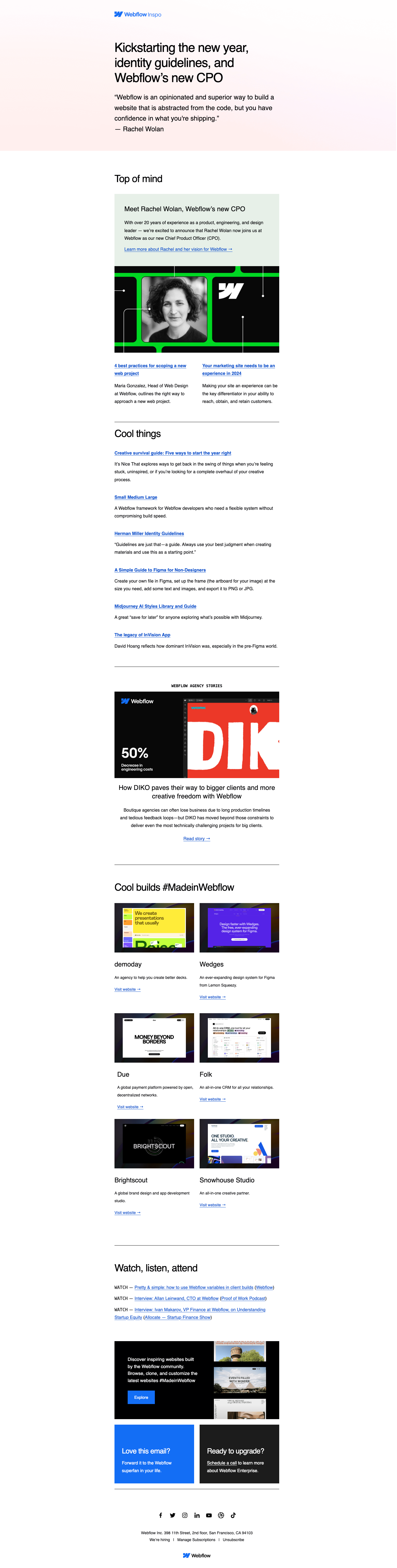 Kickstarting the new year, identity guidelines, and Webflow’s new CPO 👋 — email screenshot from Webflow