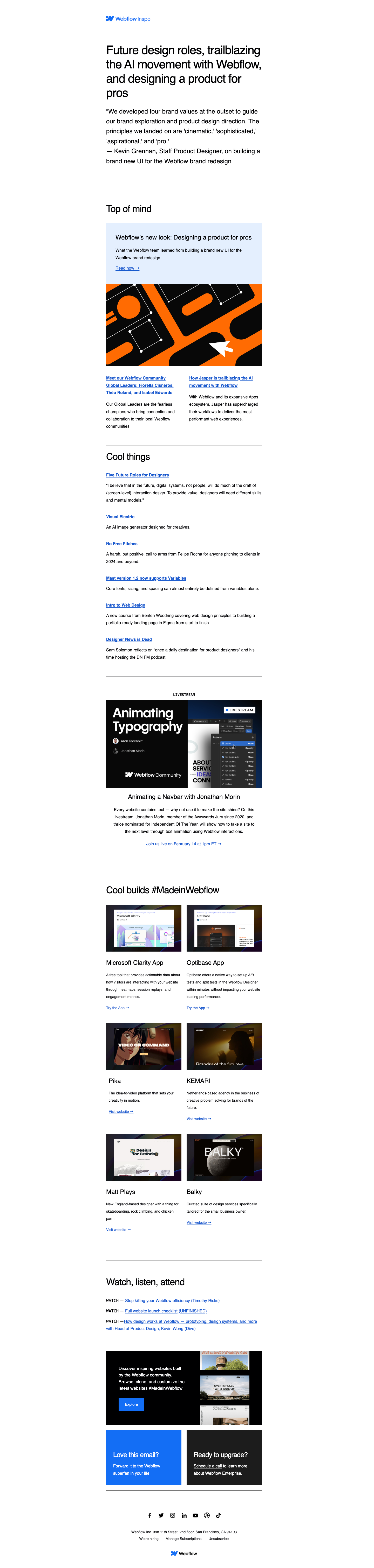 Future design roles, trailblazing the AI movement with Webflow, and designing a product for pros 🏆 — email screenshot from Webflow