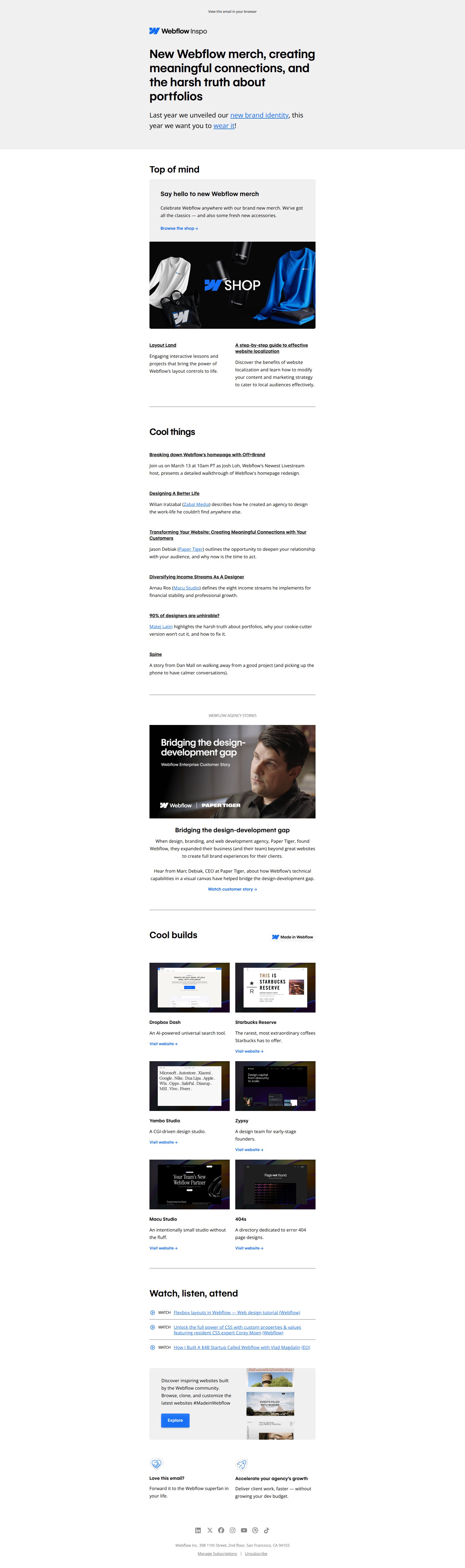 New Webflow merch, creating meaningful connections, and the harsh truth about portfolios 🐷 — email screenshot from Webflow