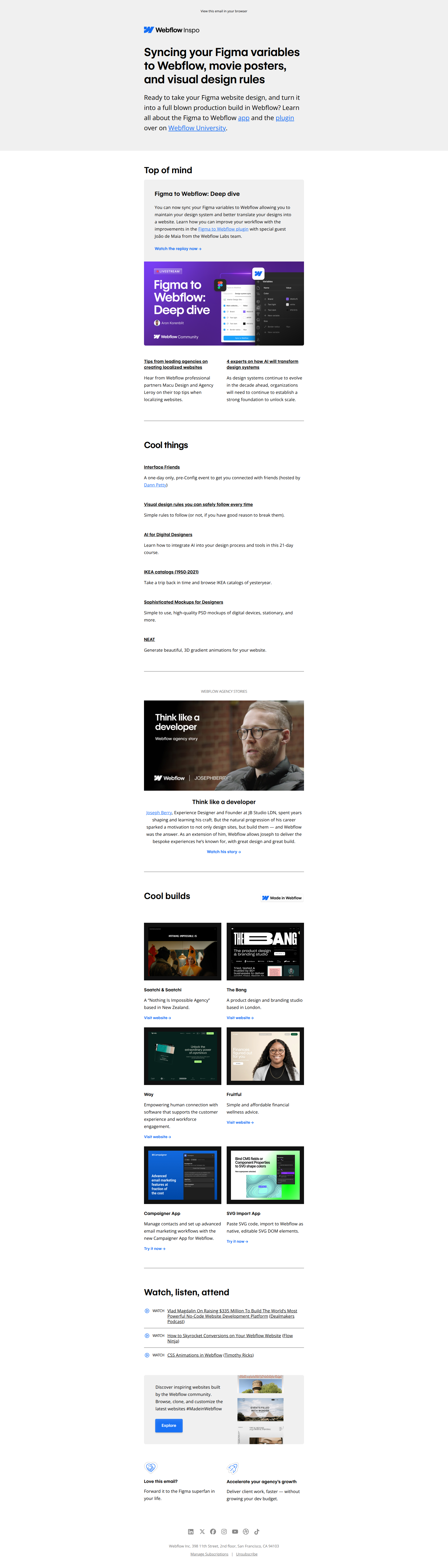 Syncing your Figma variables to Webflow, movie posters, and visual design rules 🍱 — email screenshot from Webflow