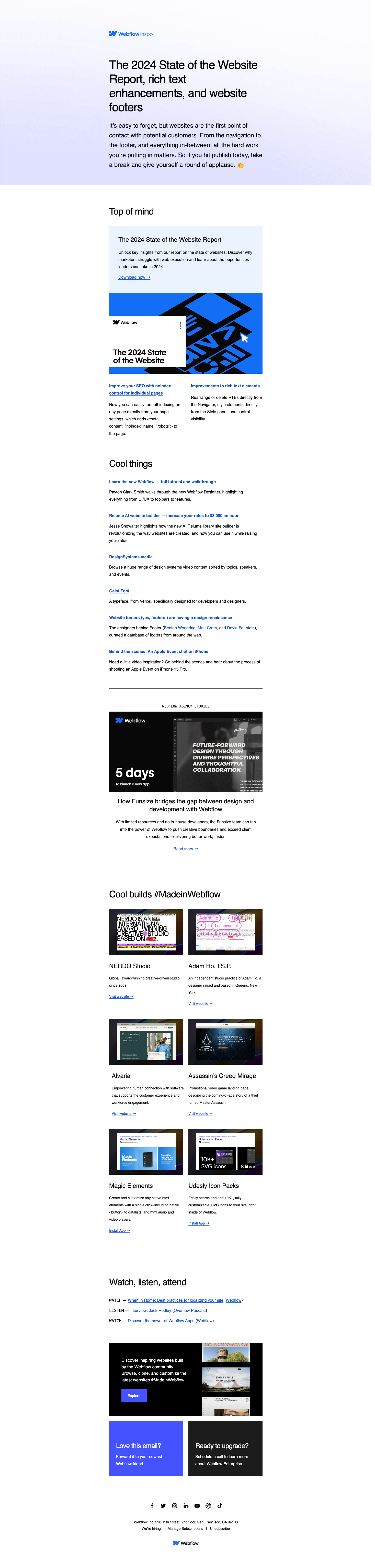 The 2024 State of the Website Report, rich text enhancements, and website footers 🔚 — email screenshot from Webflow
