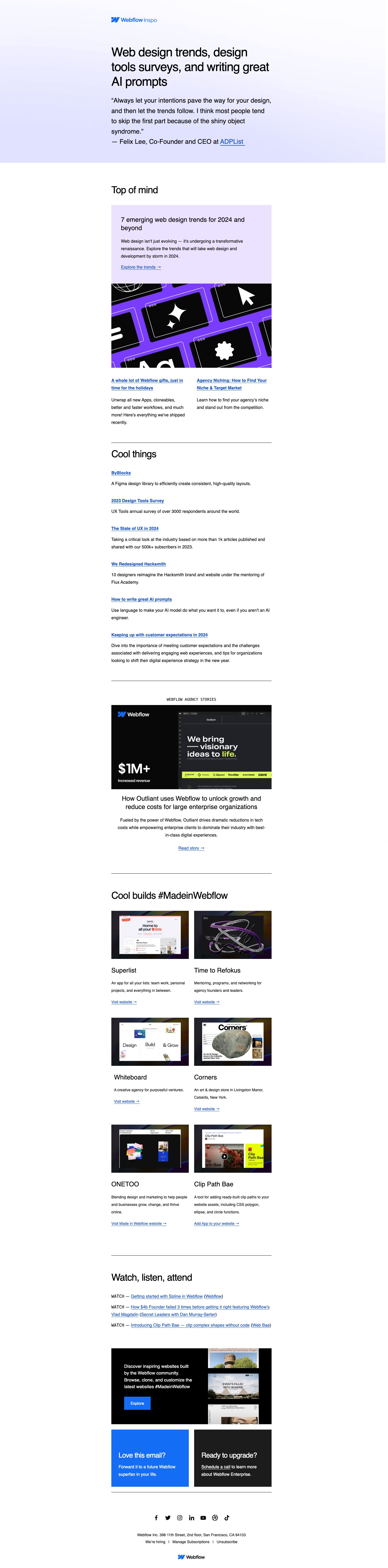 Web design trends, design tools surveys, and writing great AI prompts 👍 — email screenshot from Webflow