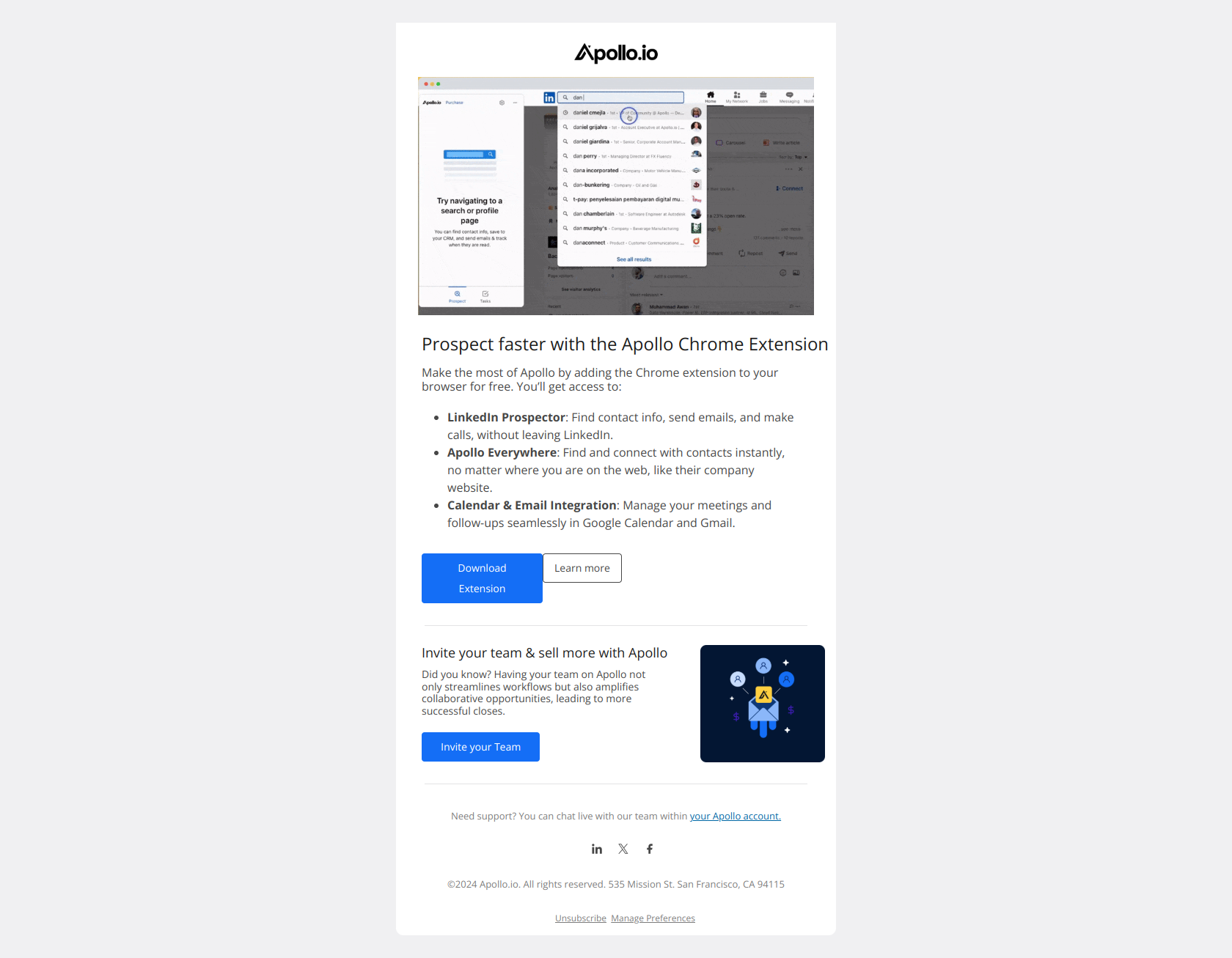 ⚡ Supercharge LinkedIn prospecting with the Apollo Extension — email screenshot from Apollo.io