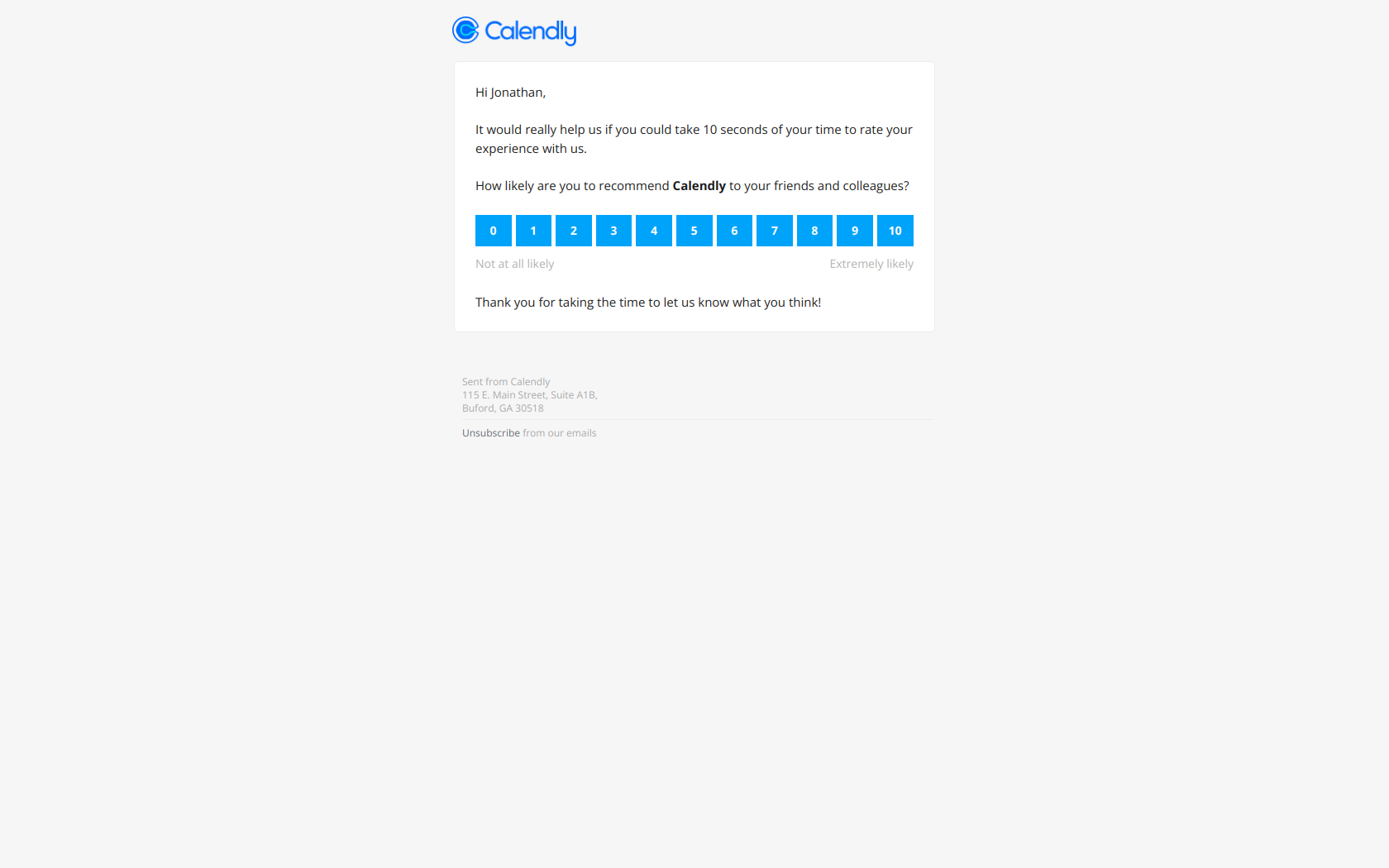 Your opinion matters! — email screenshot from Calendly