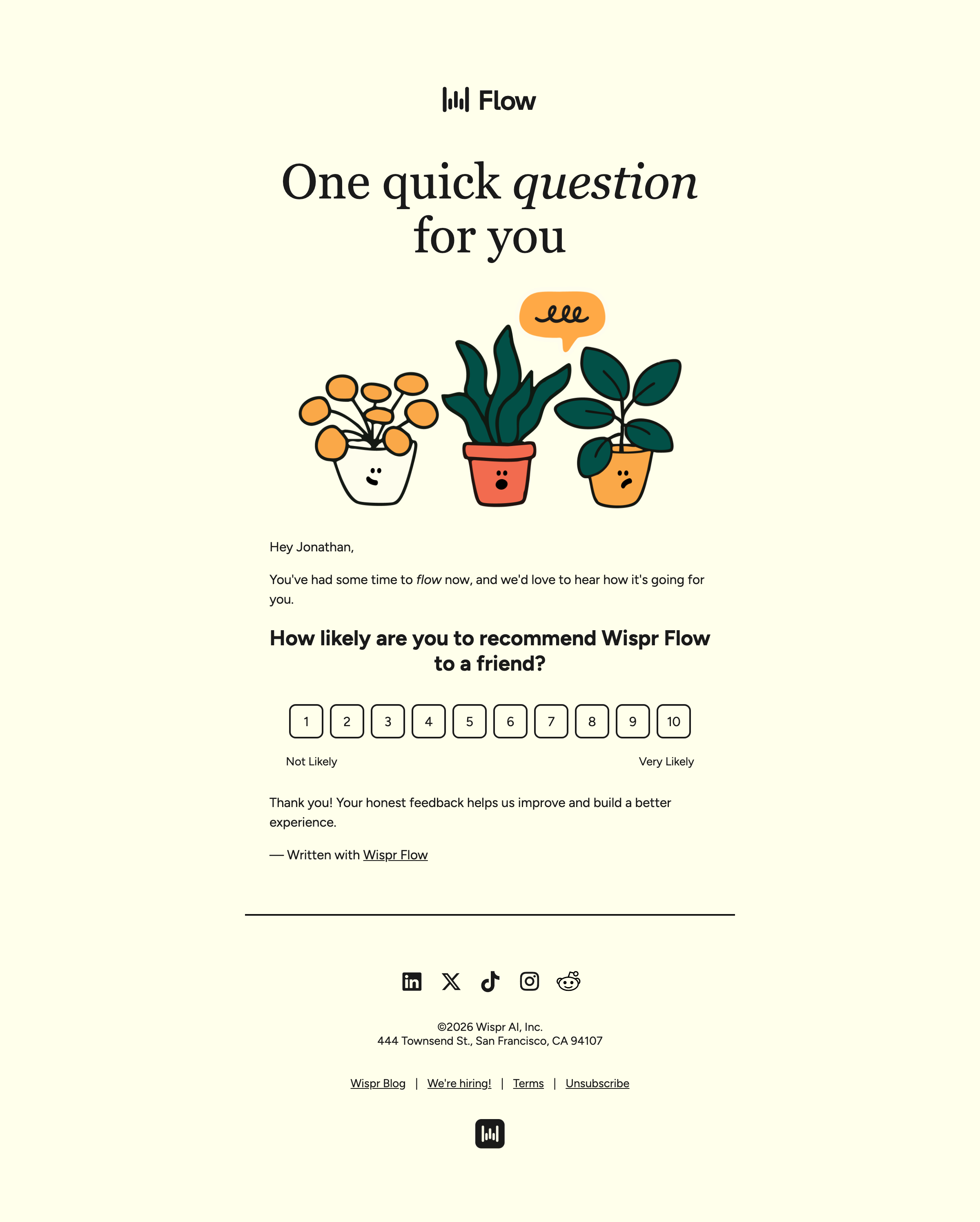 One quick question for you — email screenshot from Wispr Flow
