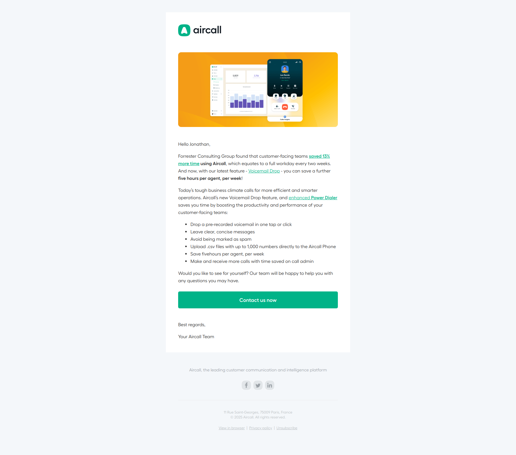 Customer retention email example from Aircall