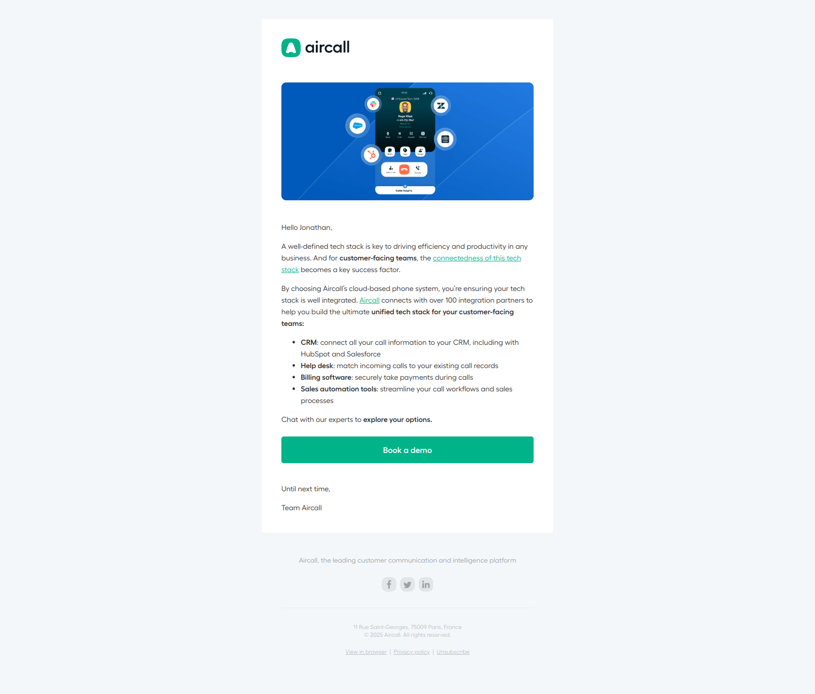 Your tech stack, integrated with Aircall — email screenshot from Aircall