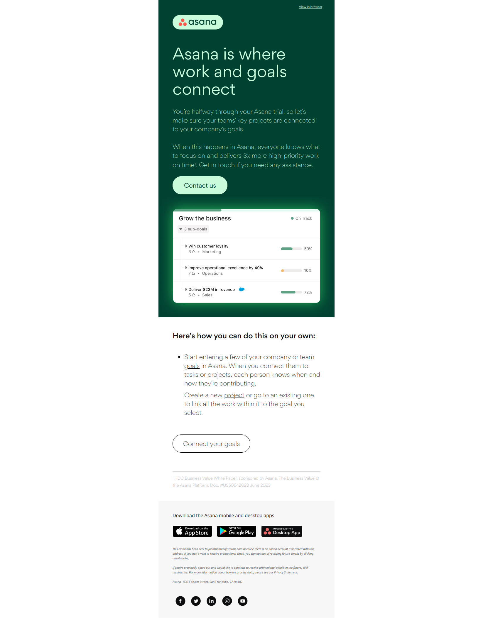 Discover the power of connecting your work to goals — email screenshot from Asana