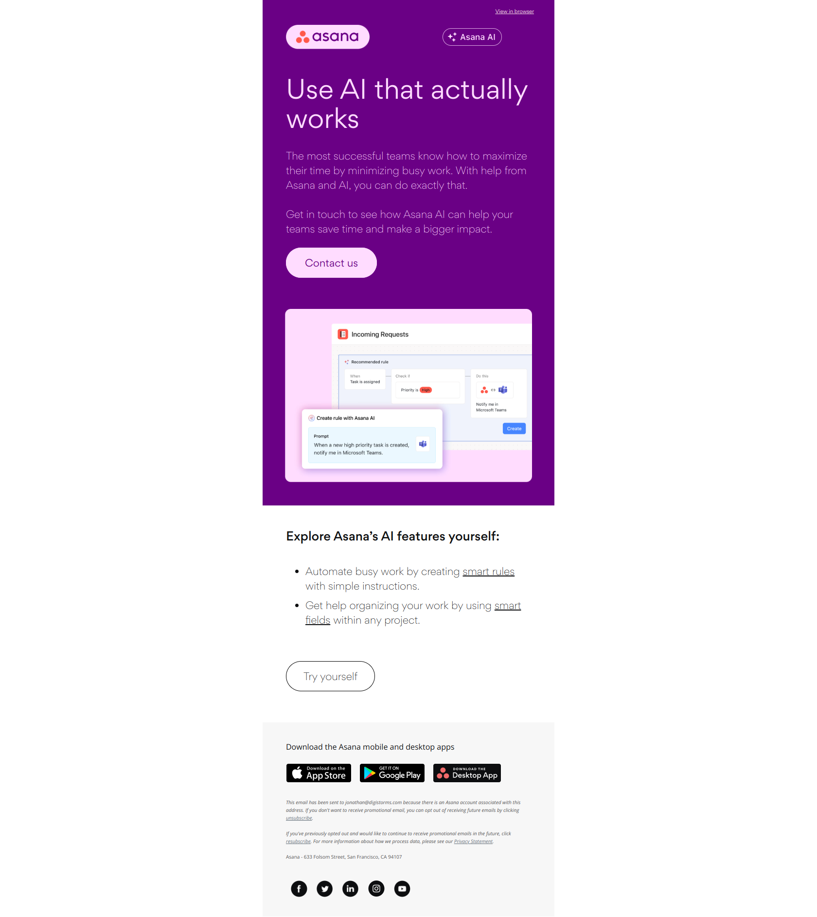 Help your teams make a bigger impact with AI — email screenshot from Asana