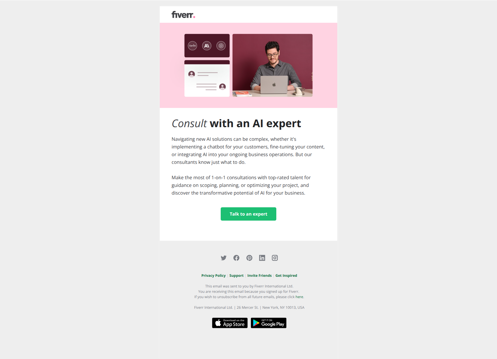 Let an AI expert speed up your next success — email screenshot from Fiverr