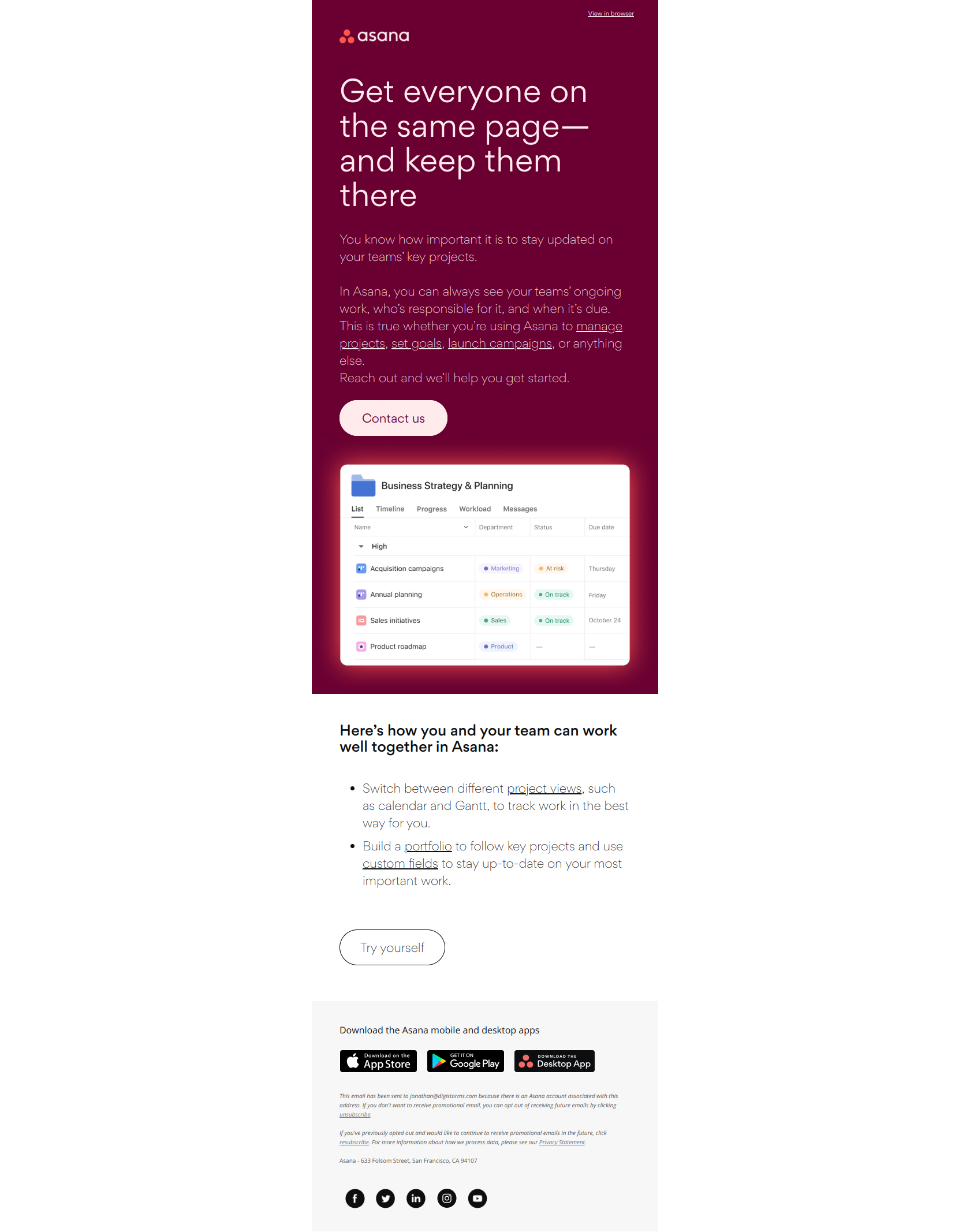 Give your teams the clarity they need — email screenshot from Asana