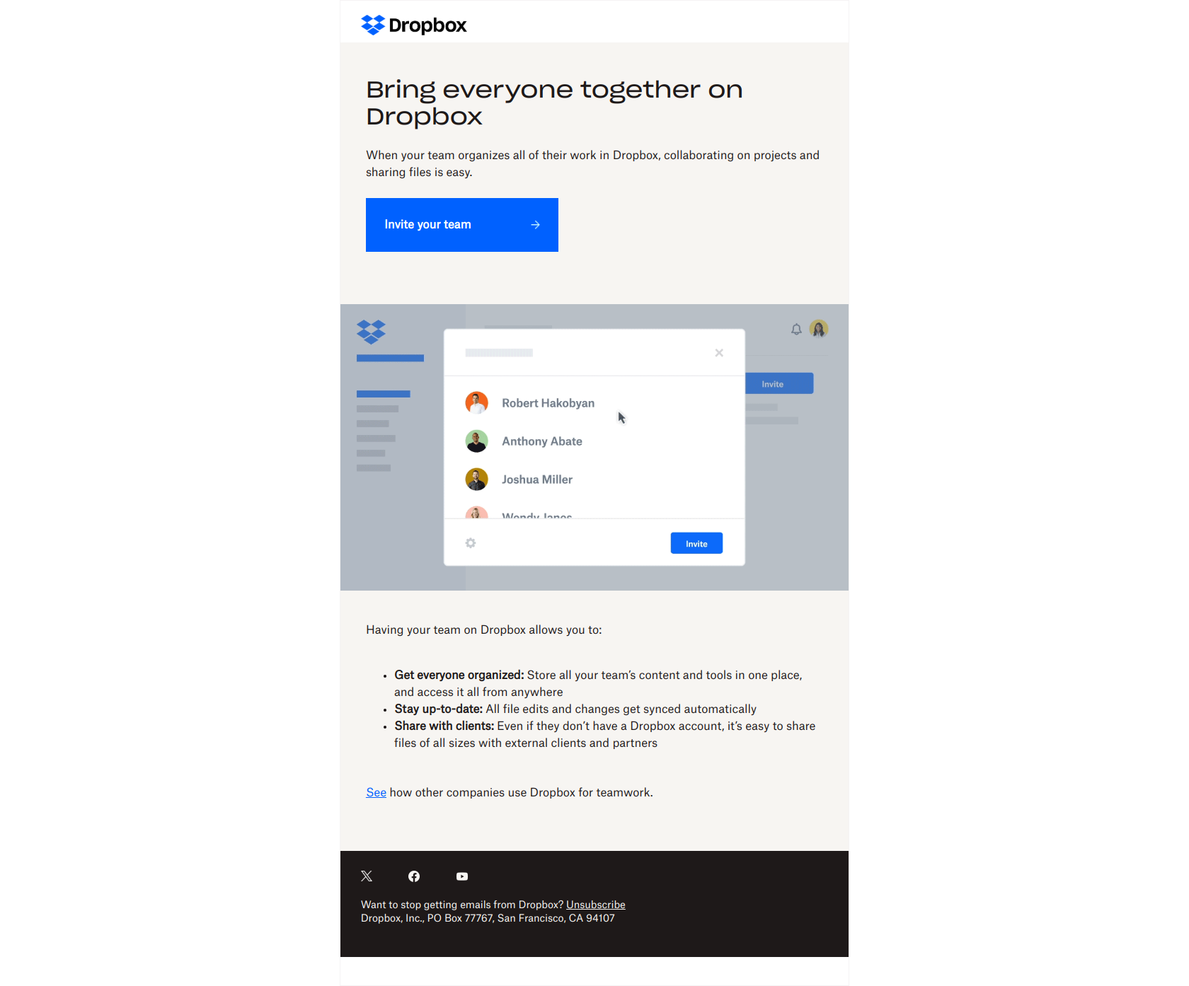Get your team on Dropbox today — email screenshot from Dropbox
