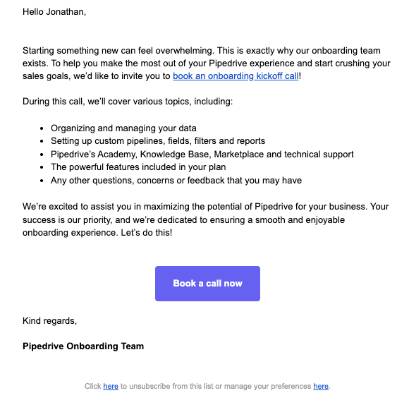 Let our onboarding team guide you toward success — email screenshot from Pipedrive
