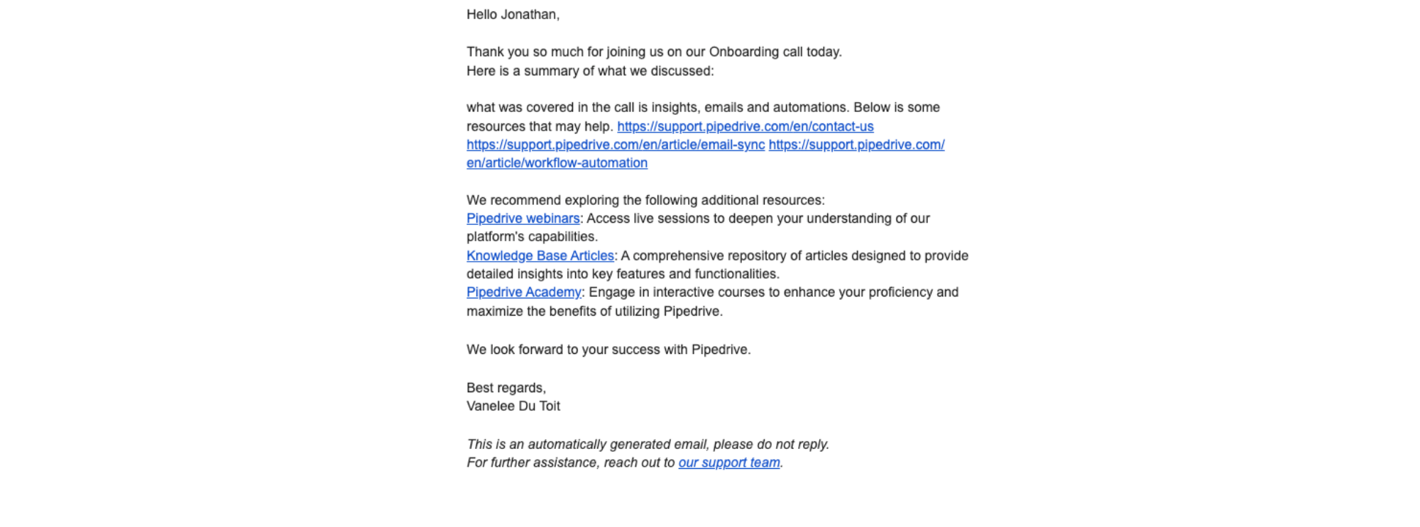 Pipedrive - Call summary — email screenshot from Pipedrive