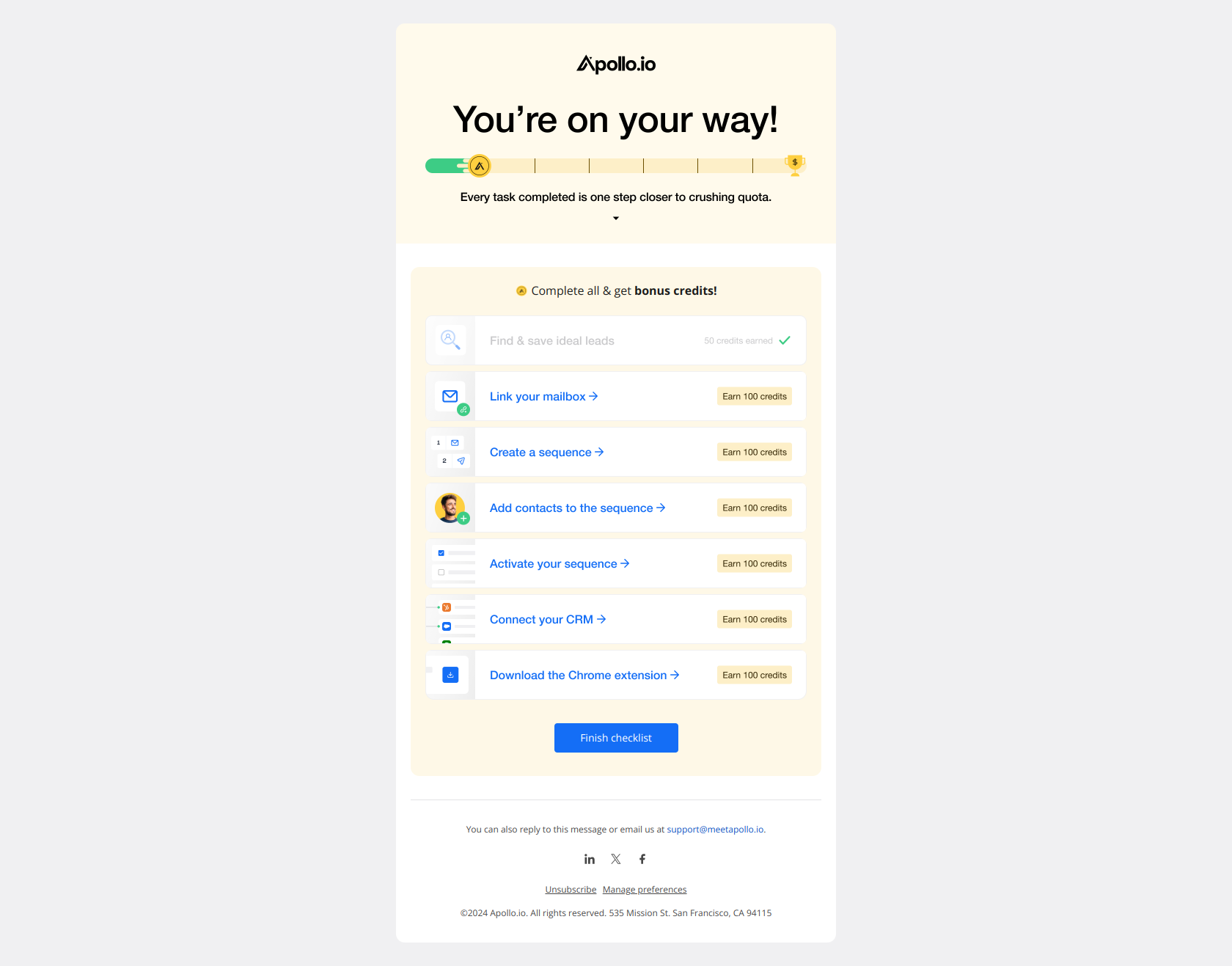 Jonathan, your onboarding checklist is incomplete — email screenshot from Apollo.io