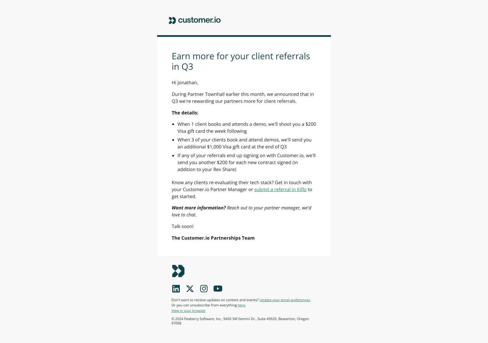 Your partner referral rewards — email screenshot from Customer.io