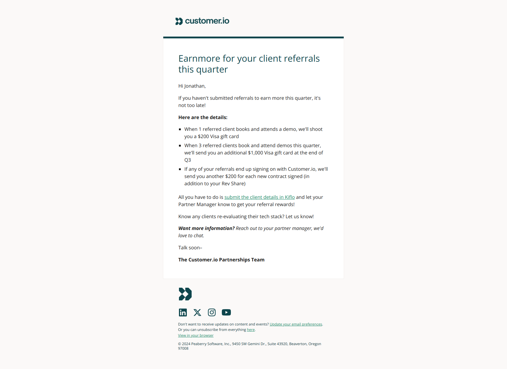 Earn more for referrals in Q3 — email screenshot from Customer.io