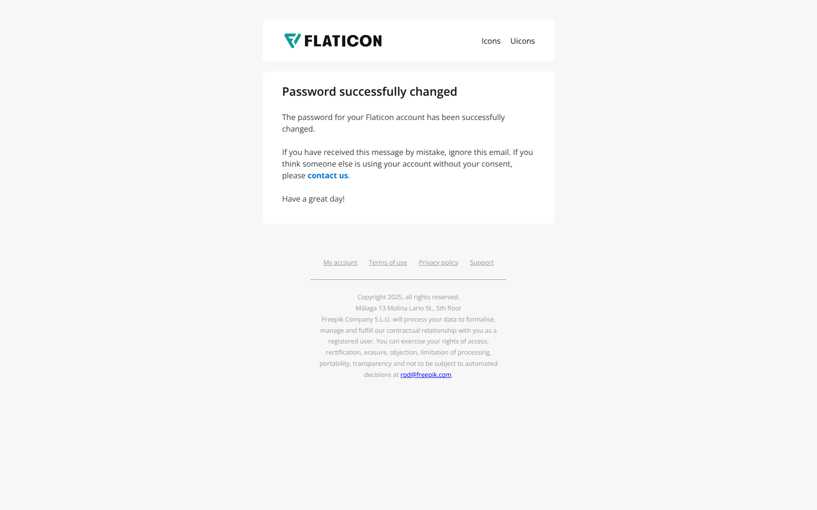 Password successfully changed — email screenshot from Freepik