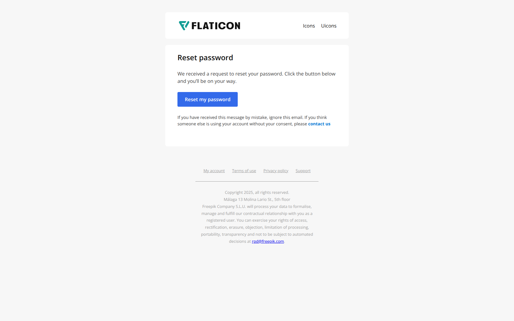 Reset your Flaticon password — email screenshot from Freepik