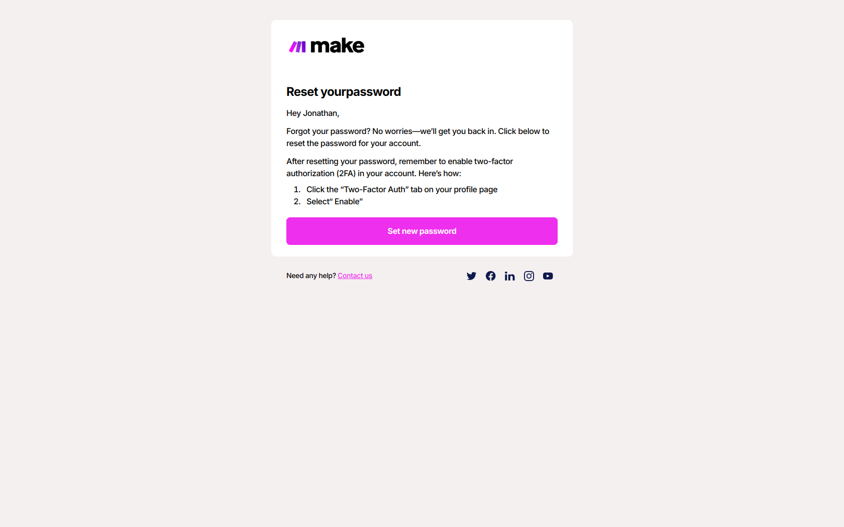 Reset your Make password — email screenshot from Make
