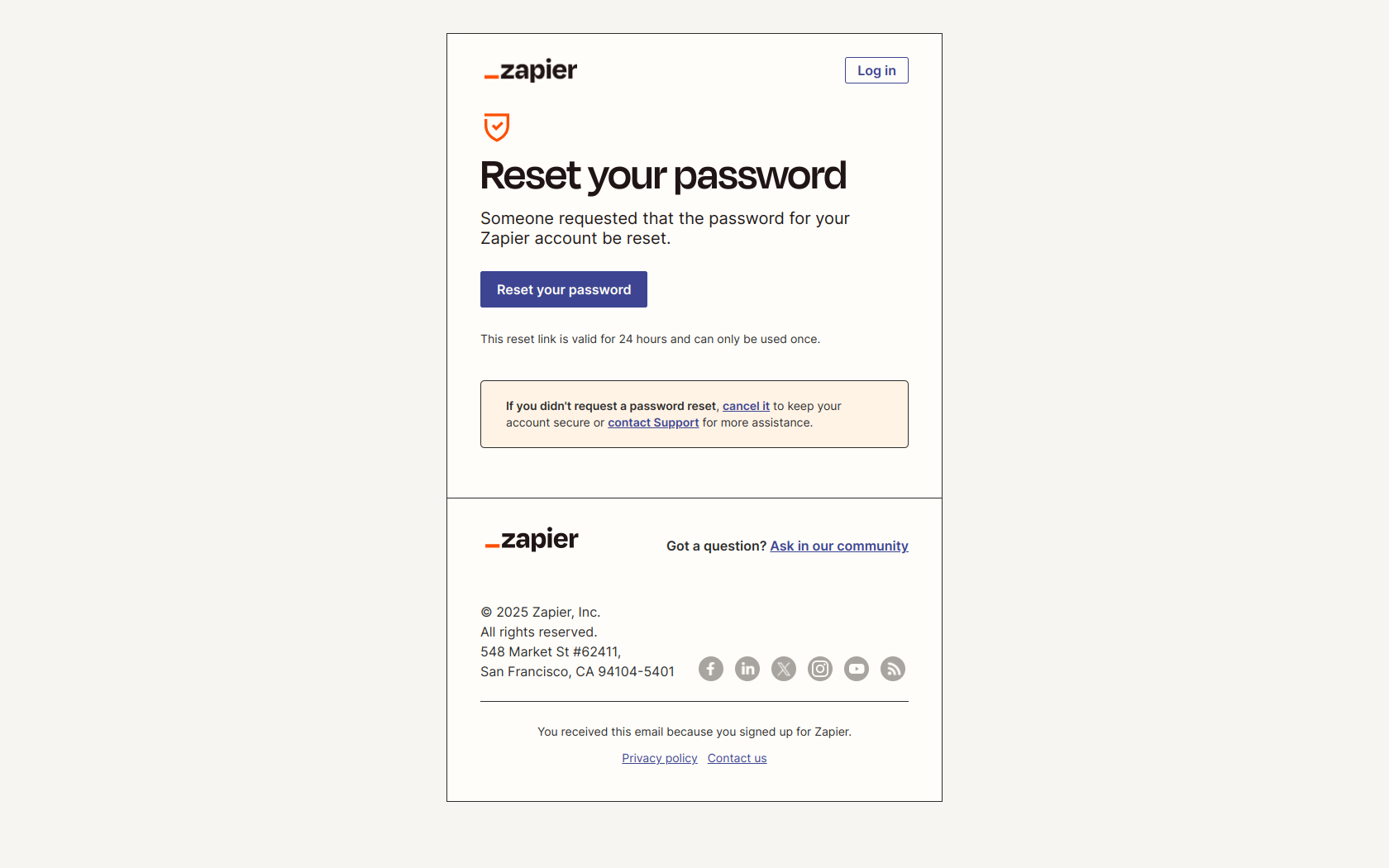 Zapier Password Reset — email screenshot from Zapier