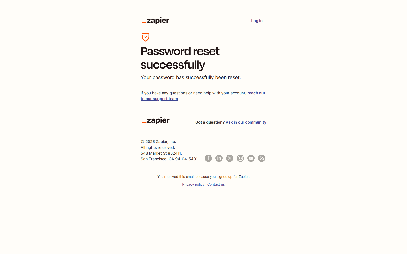 Your Zapier Password Reset Was Successful — email screenshot from Zapier