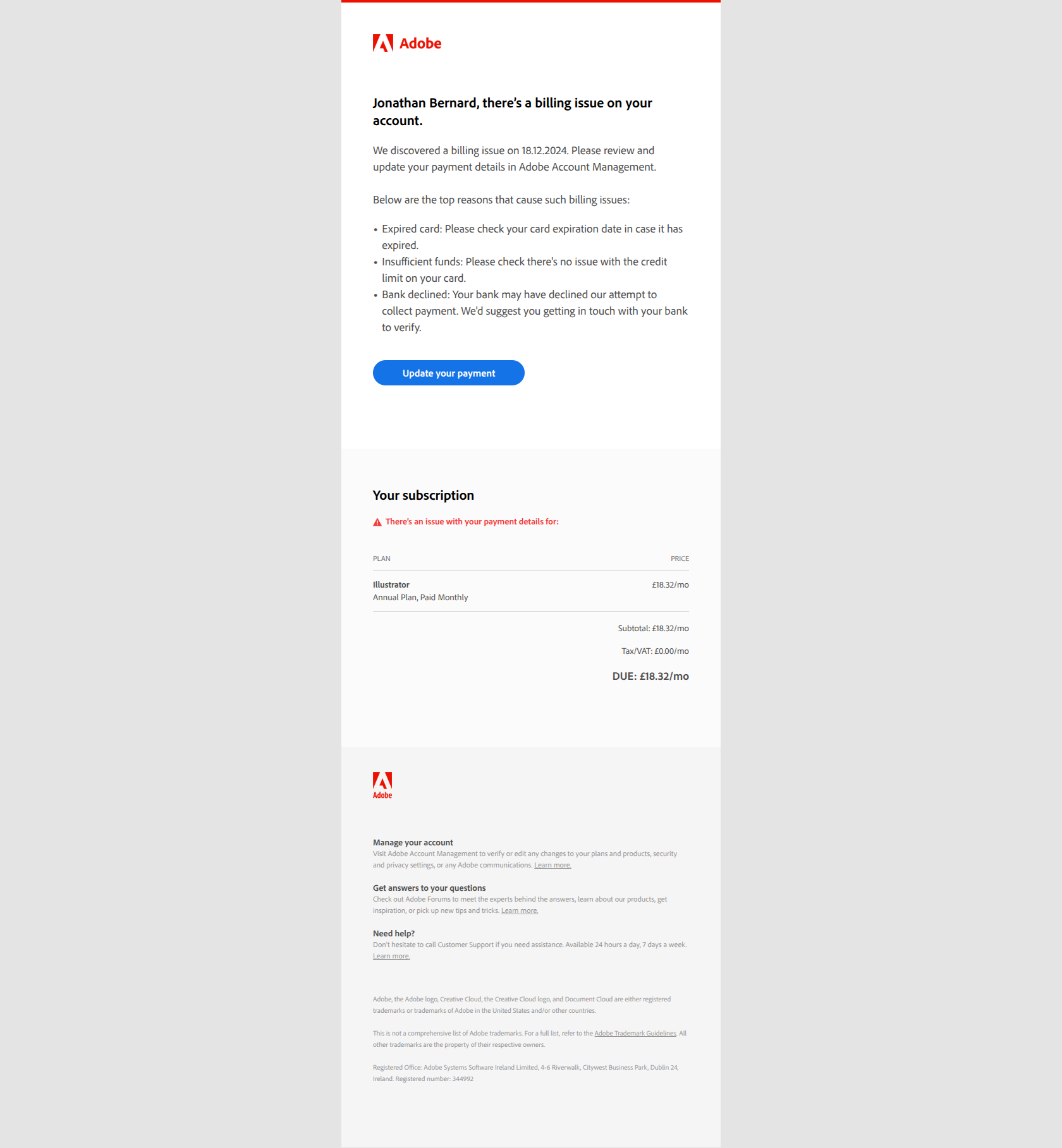 Your payment failed — email screenshot from Adobe