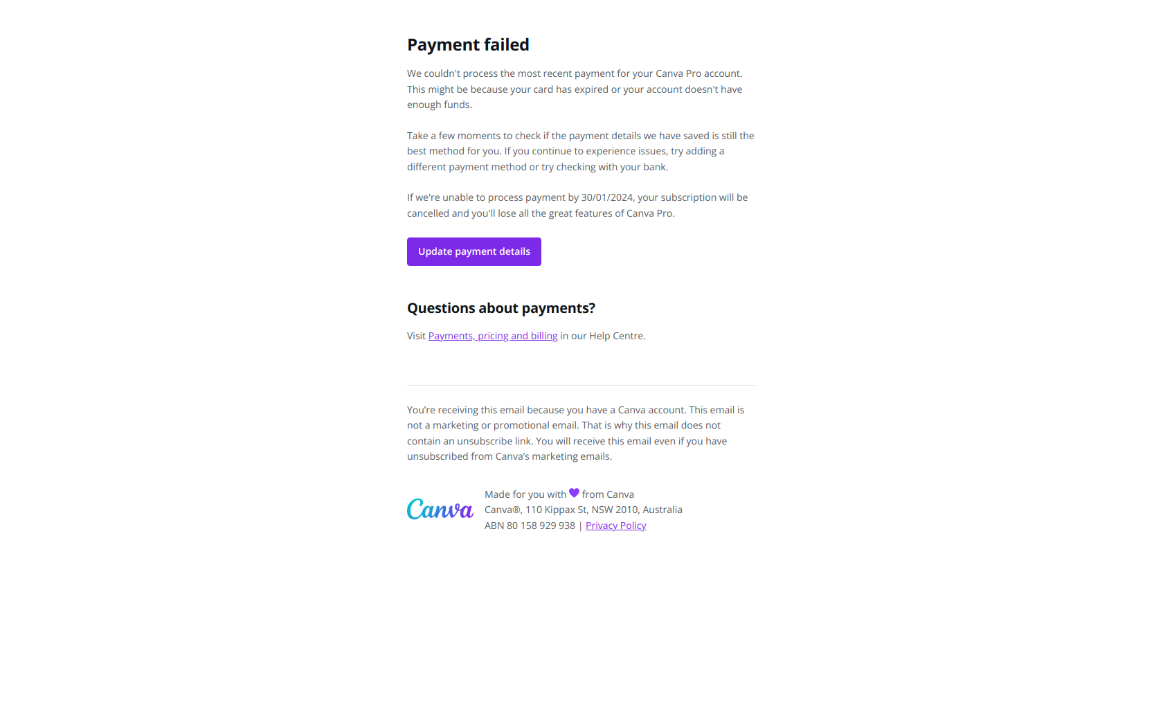 Action required - please update your payment details — email screenshot from Canva