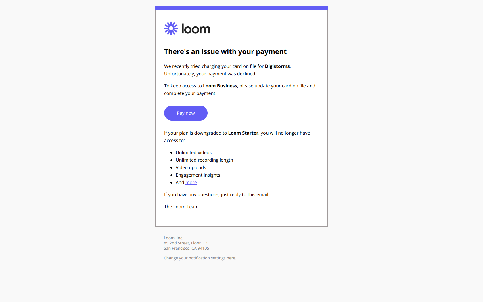 Action Required: There's an issue with your recent Loom payment — email screenshot from Loom