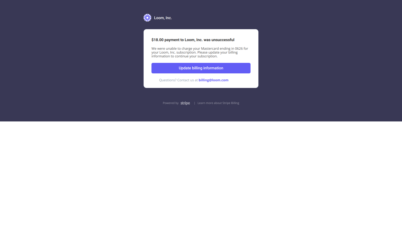 $18.00 payment to Loom, Inc. was unsuccessful — email screenshot from Loom