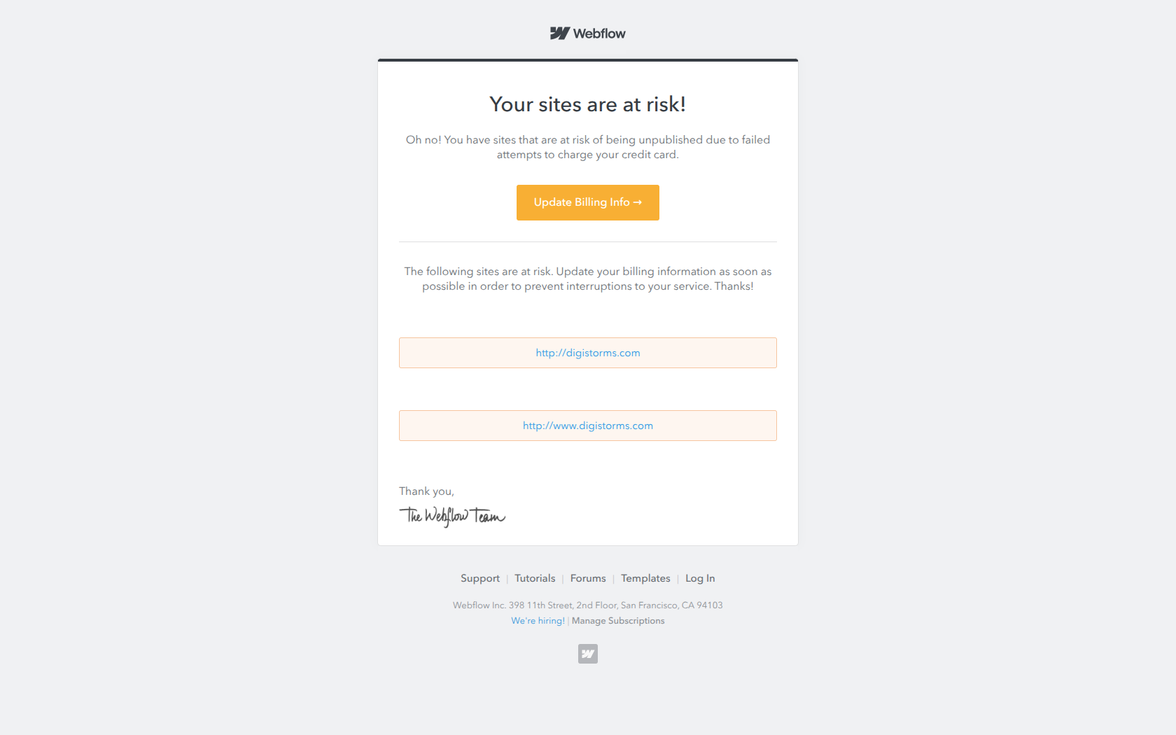 Important information regarding digistorms.com — email screenshot from Webflow