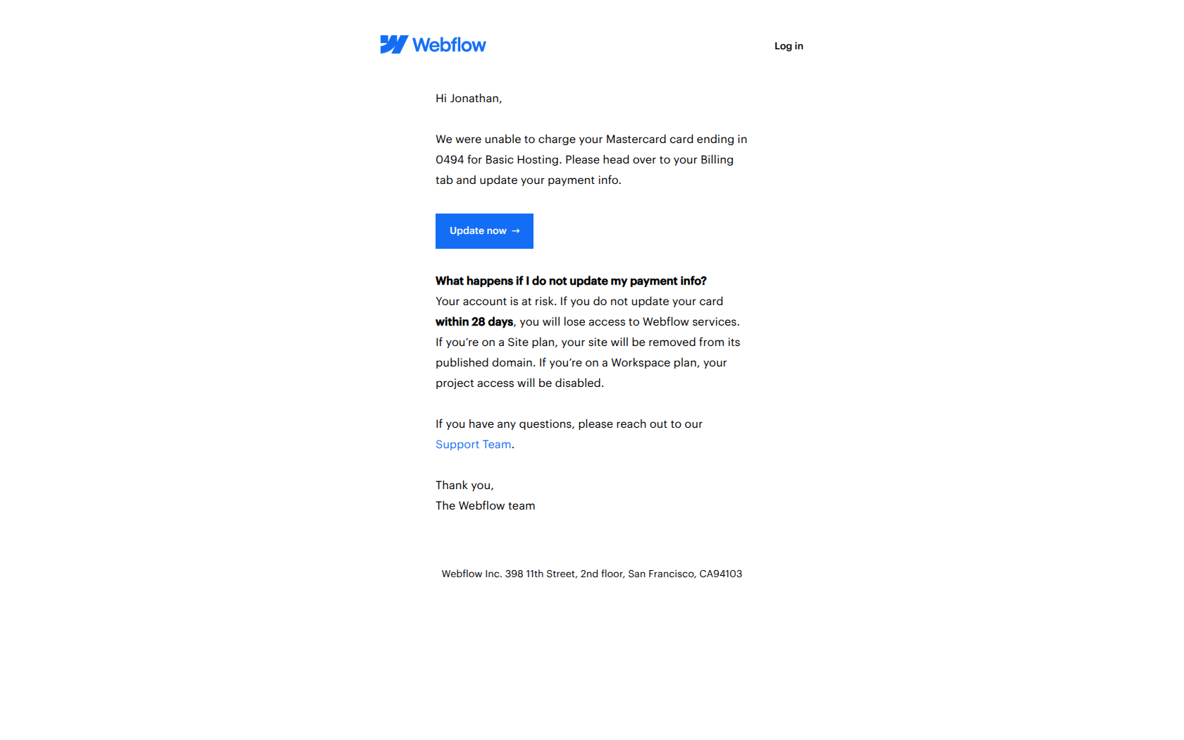 Action required: Your payment is past due — email screenshot from Webflow