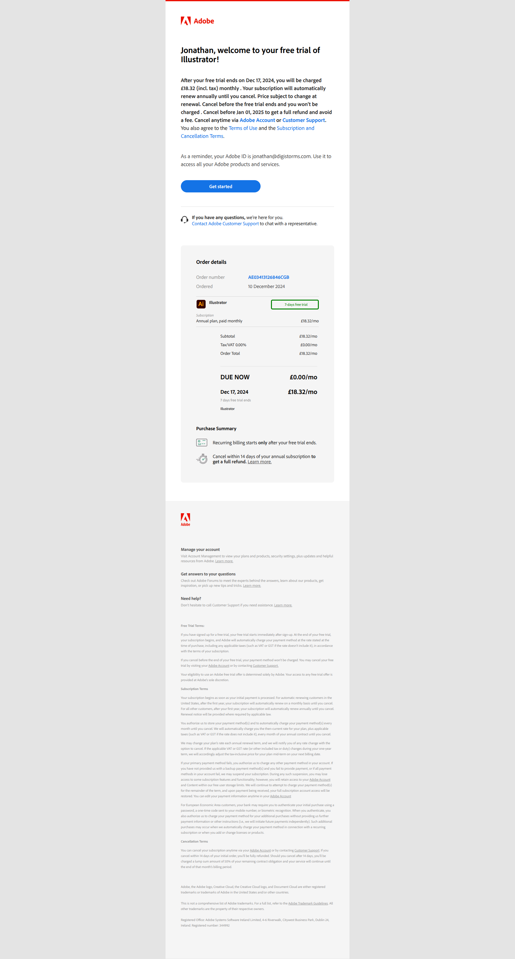 Thanks for your purchase! — email screenshot from Adobe