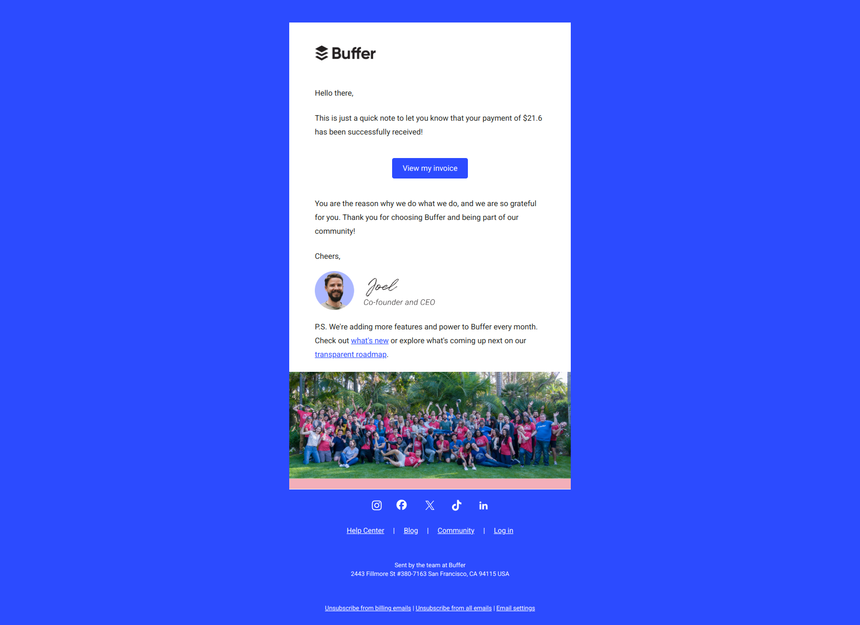 Thank you for your payment and support! — email screenshot from Buffer