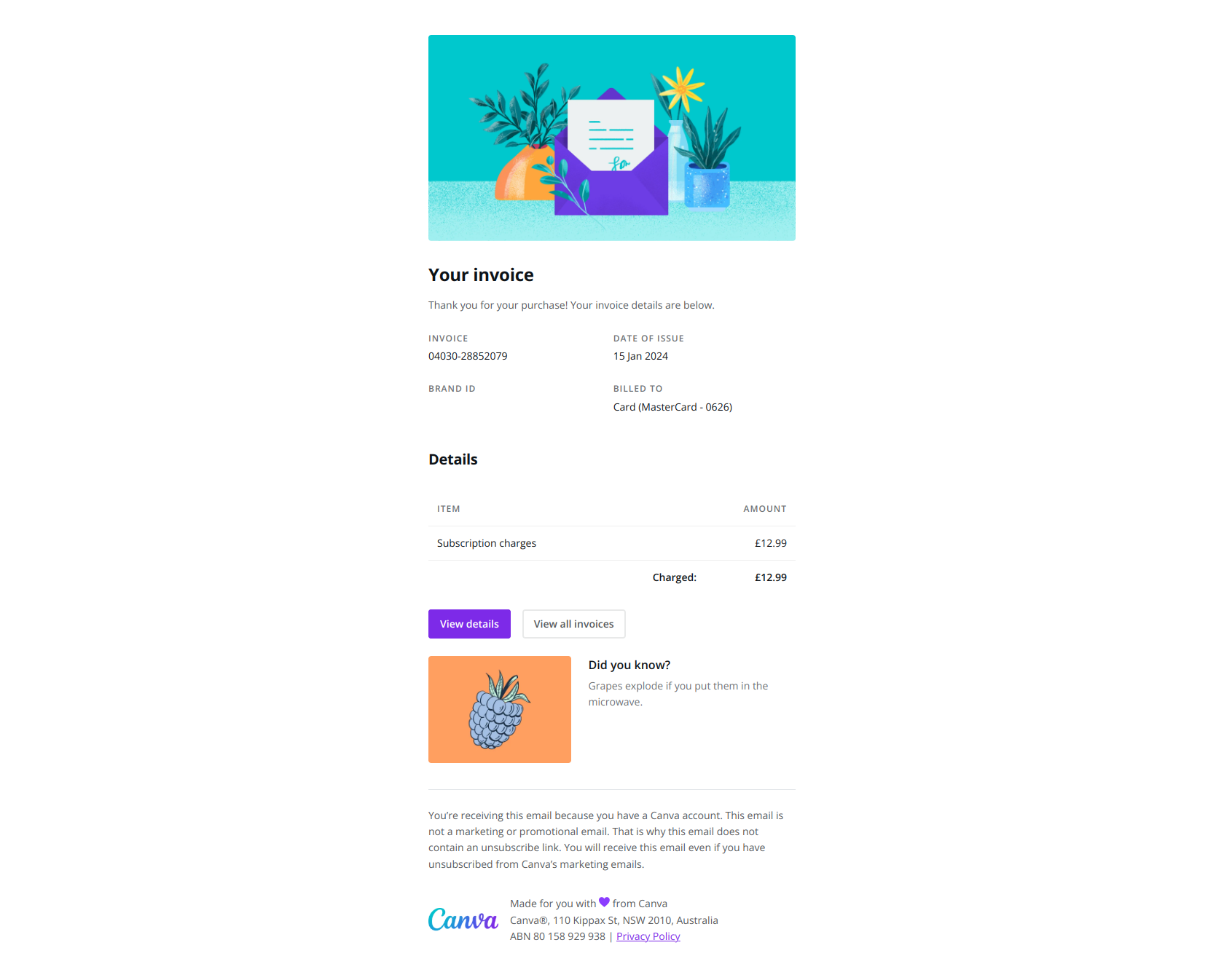 Your Canva invoice — email screenshot from Canva