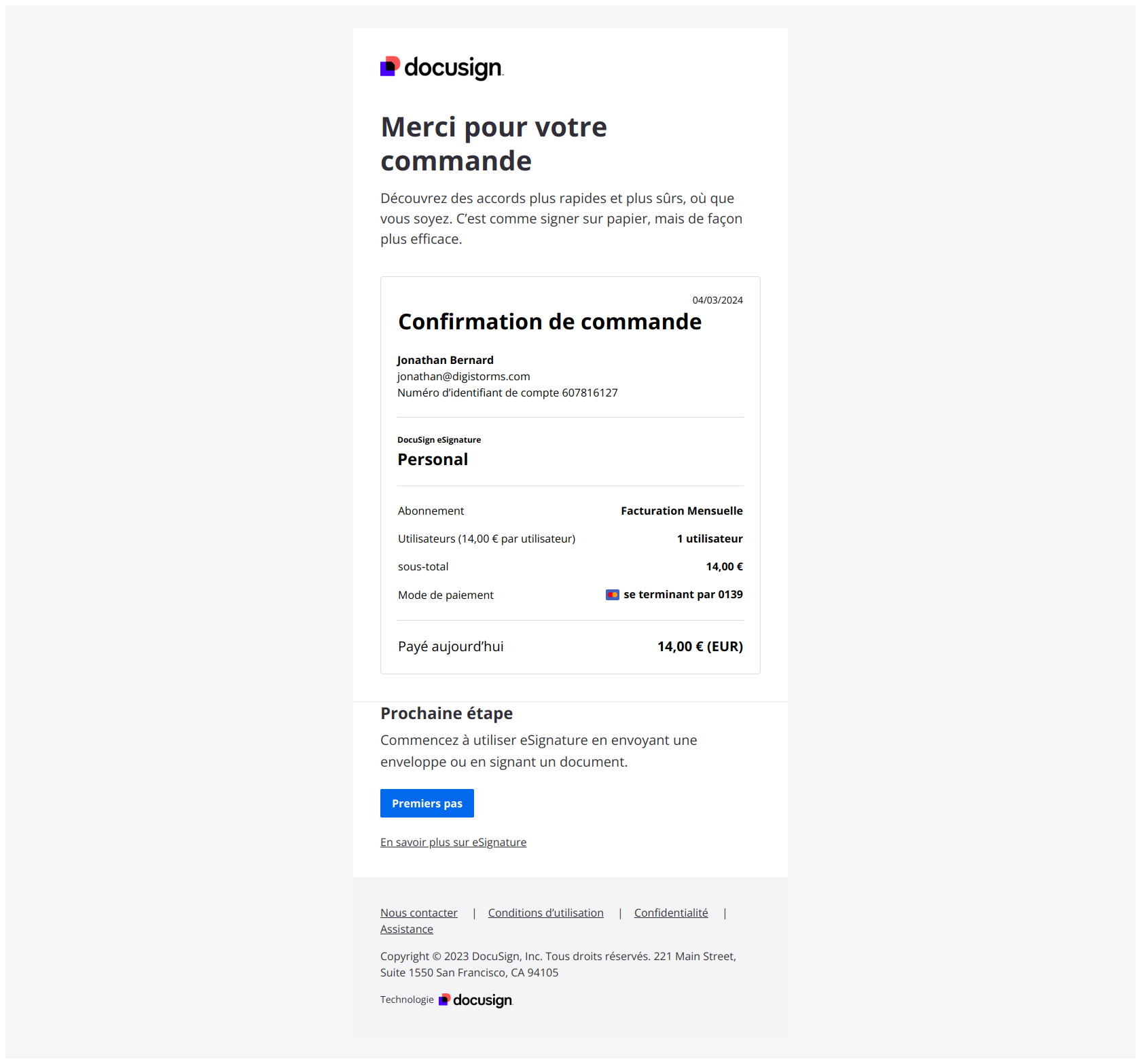 Confirmation de commande — email screenshot from Docusign