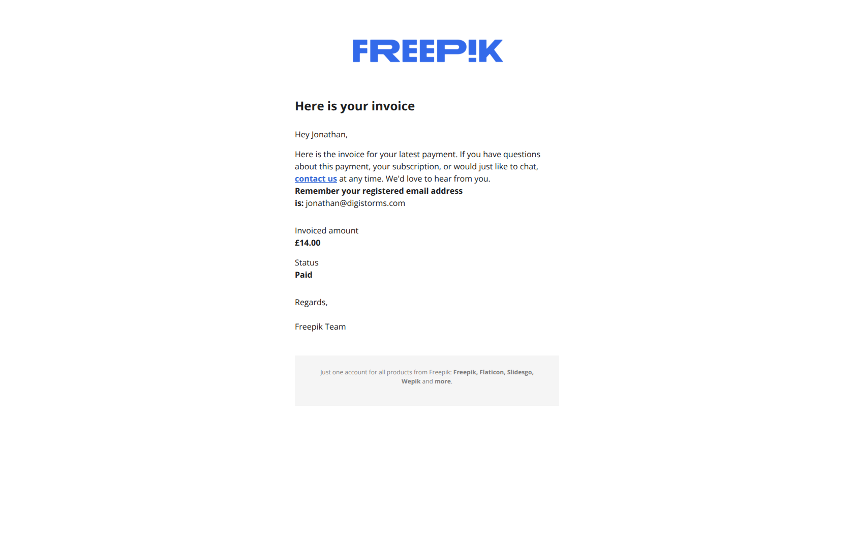 Here is your invoice — email screenshot from Freepik