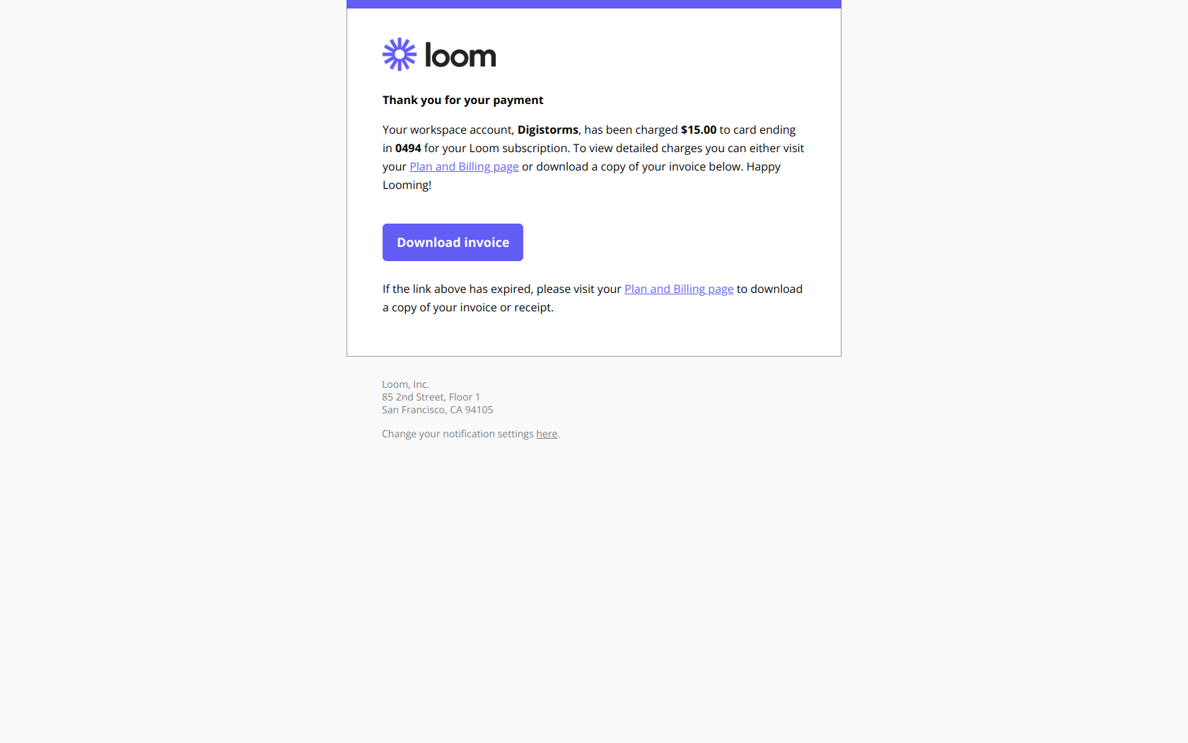 Thank you for your payment — email screenshot from Loom