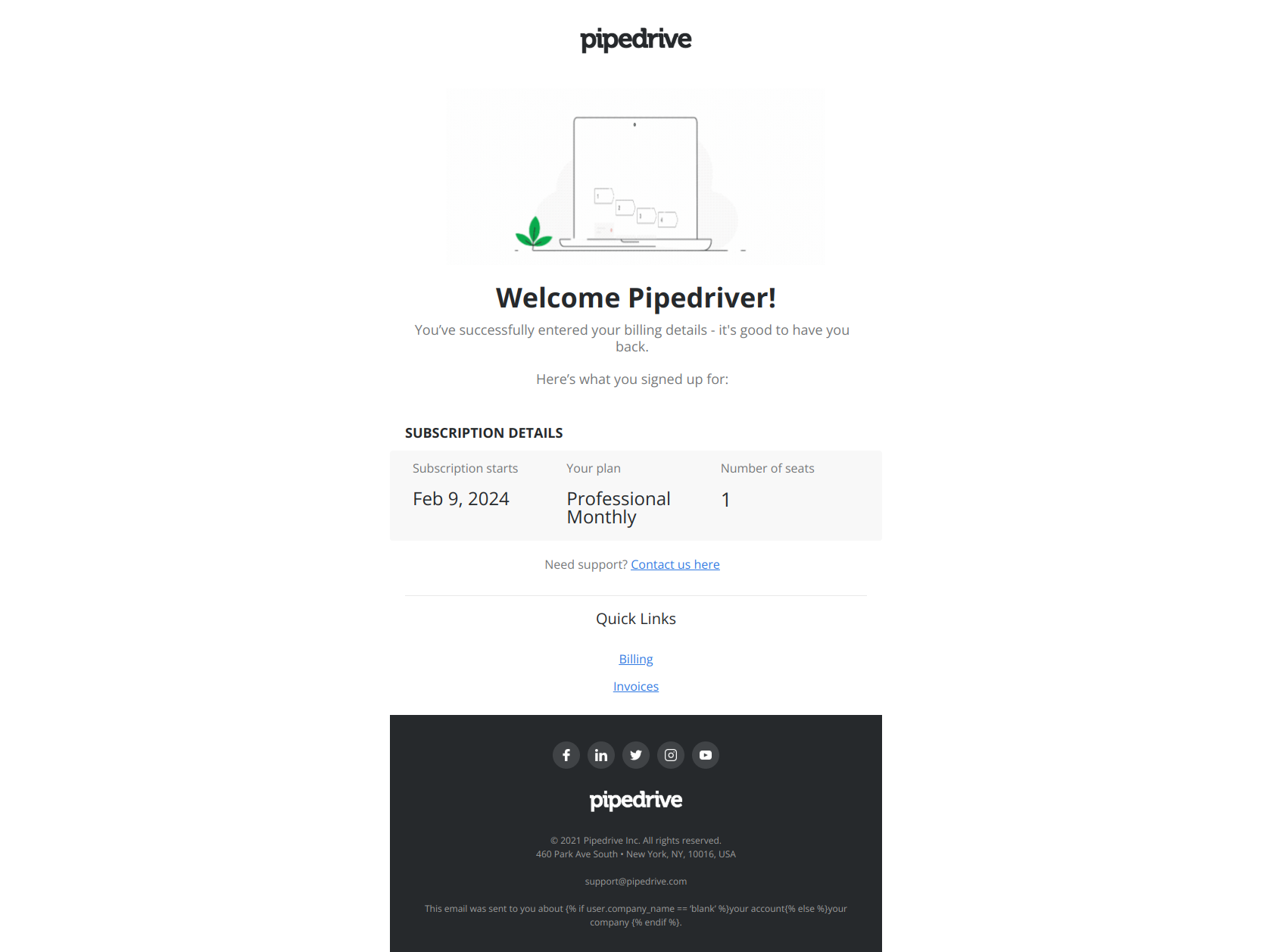 Thank you for joining Pipedrive — email screenshot from Pipedrive
