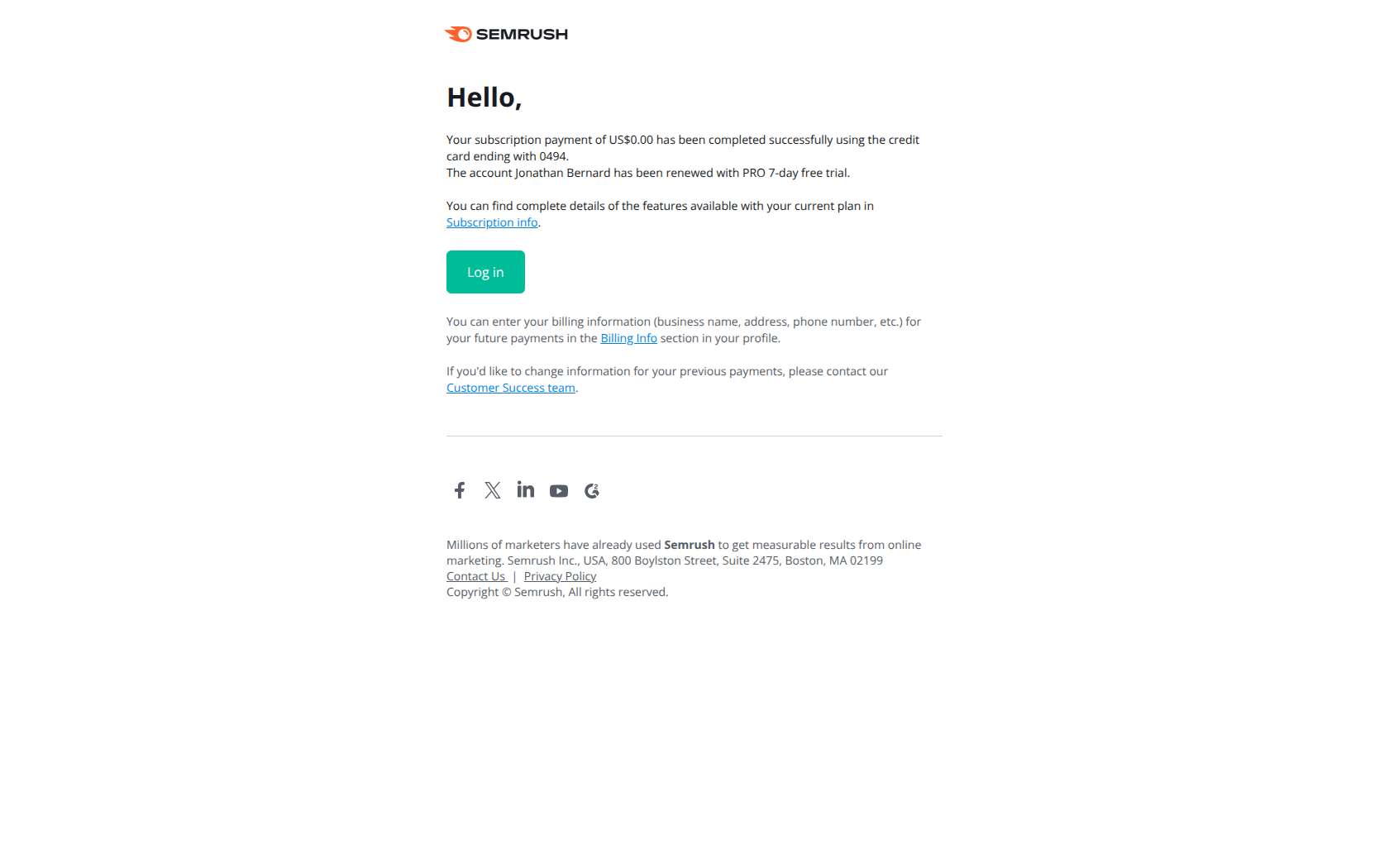 Your Semrush account payment was successful — email screenshot from SemRush
