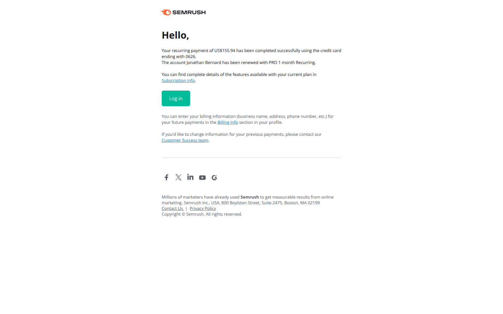 Your recurring payment was successful! — email screenshot from SemRush