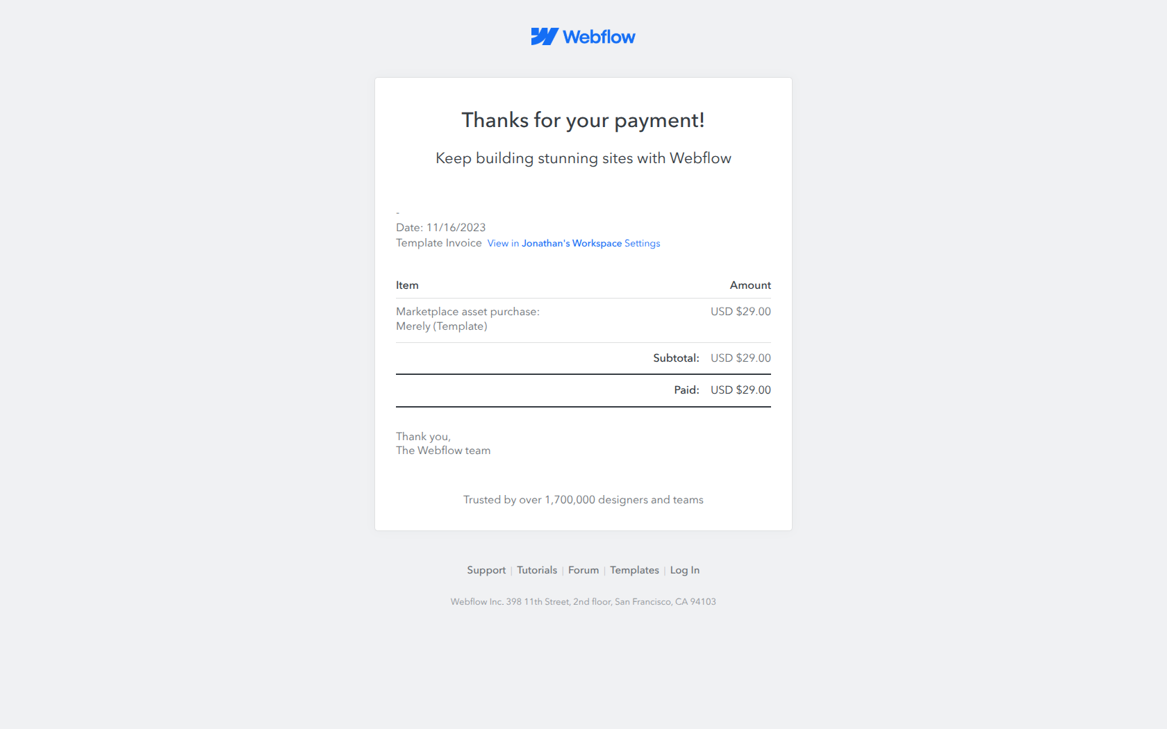 Your Webflow receipt — email screenshot from Webflow