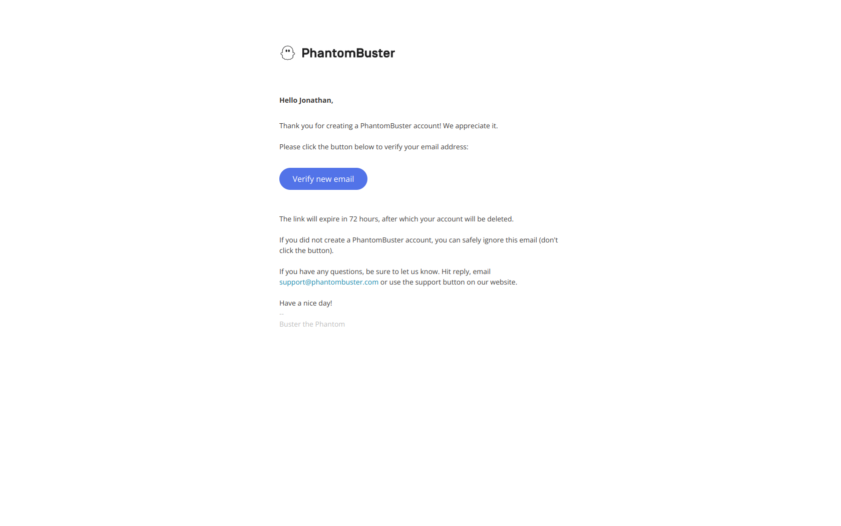 Activate your PhantomBuster account. — email screenshot from Phantom Busters