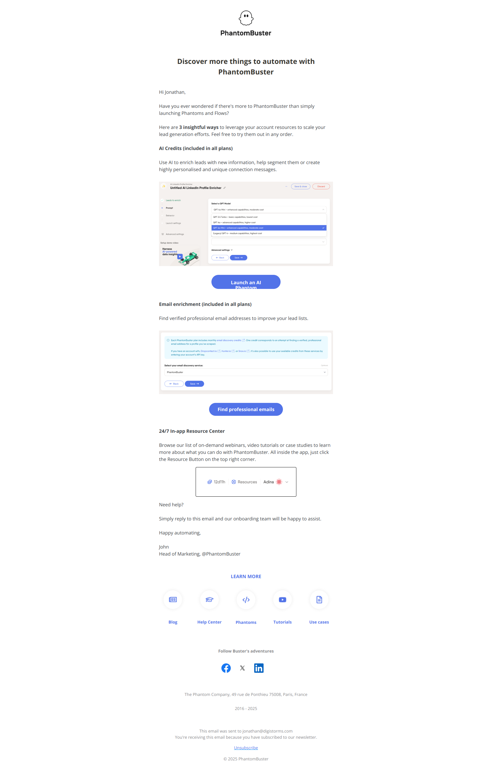 Re-engagement email example from PhantomBuster