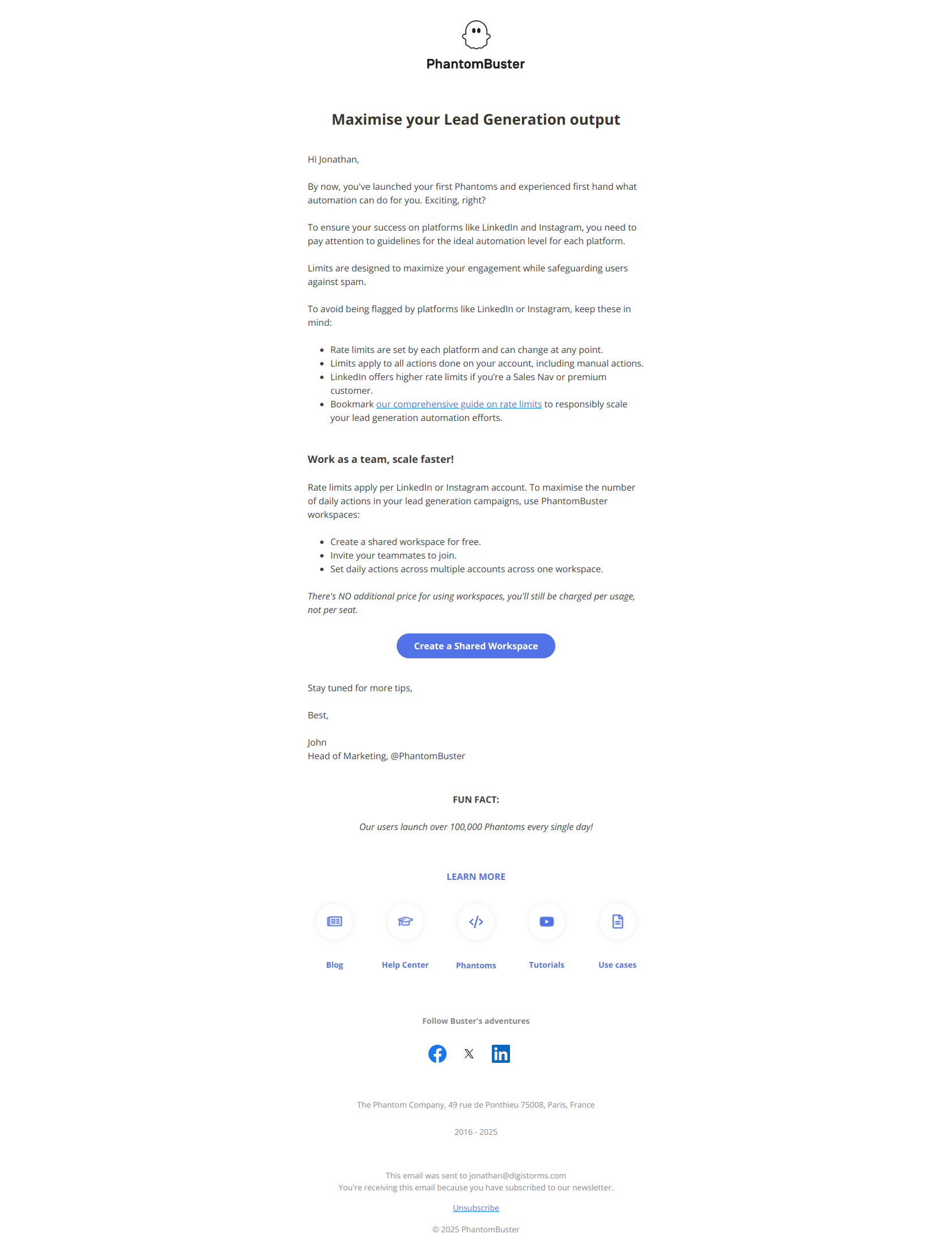 Avoid being flagged by platforms like LinkedIn or Instagram — email screenshot from Phantom Busters
