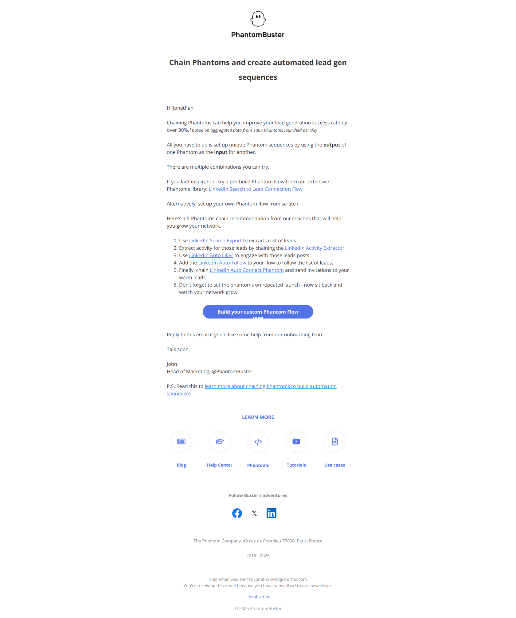 Chain Phantoms together for better lead generation results — email screenshot from Phantom Busters