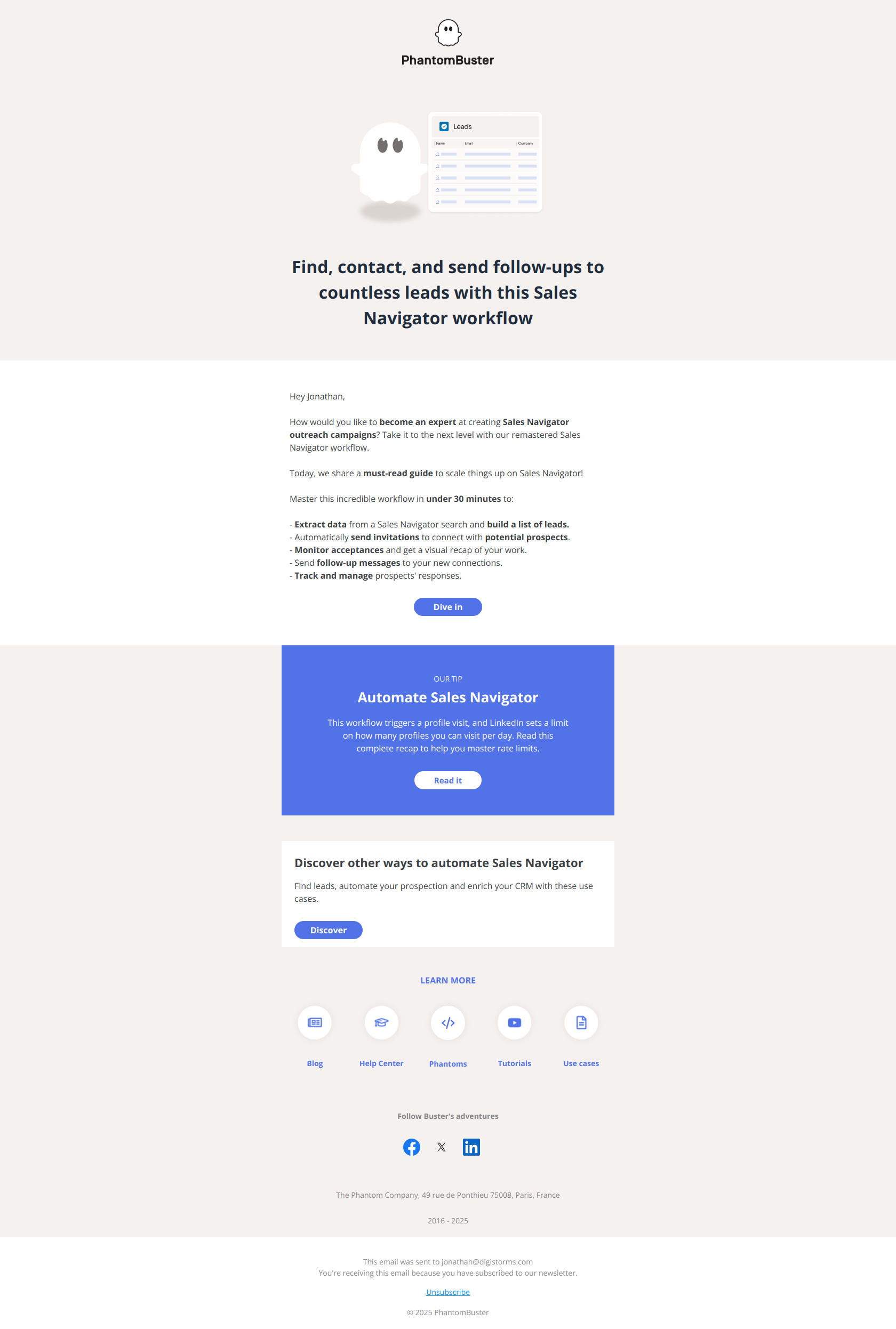 How to Automate your Sales Navigator Outreach Campaigns? — email screenshot from Phantom Busters