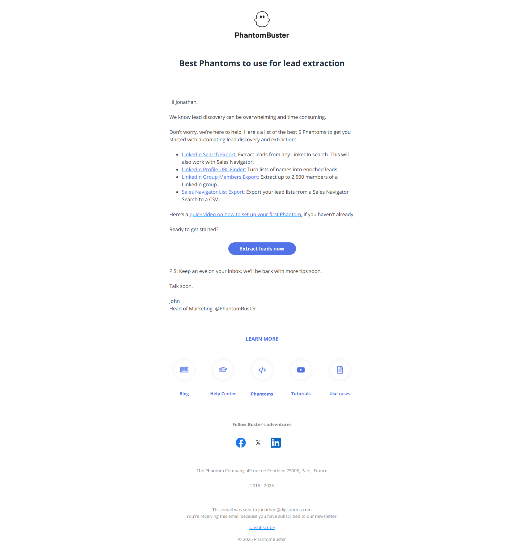 Scrape thousands of leads from LinkedIn with these Phantoms — email screenshot from Phantom Busters