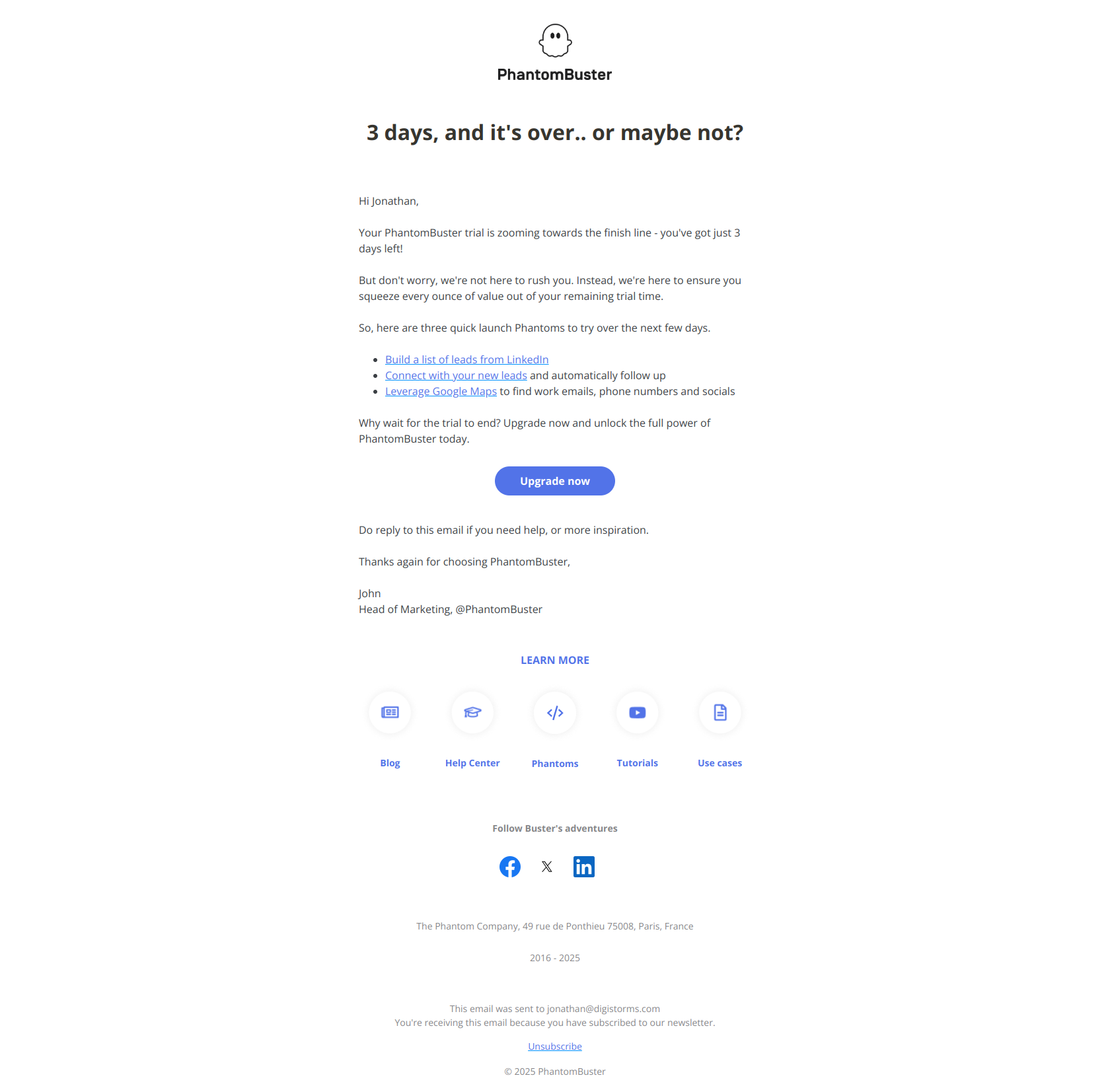 You've got just 3 days left! — email screenshot from Phantom Busters