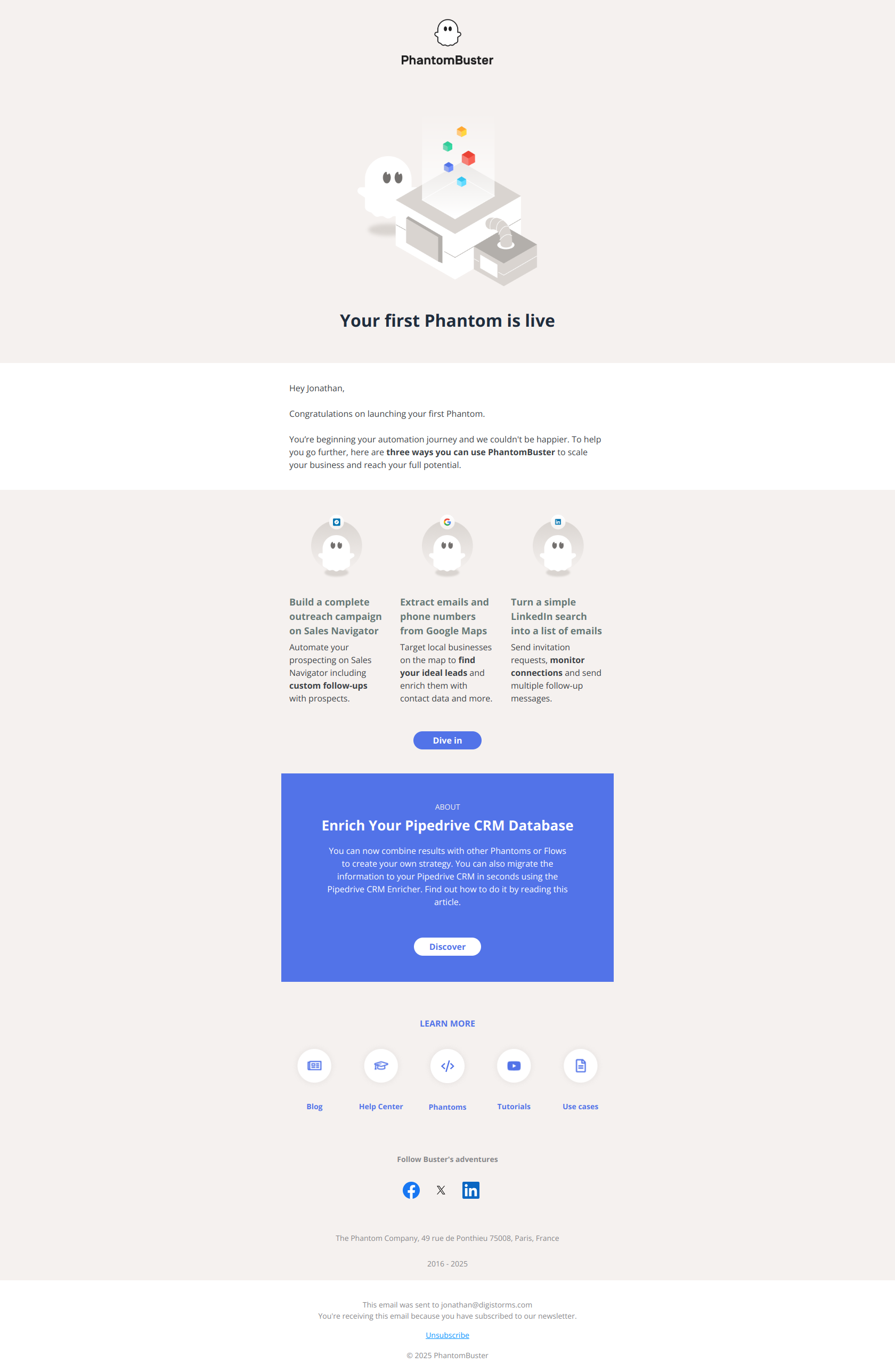 You've launched your first Phantom Jonathan. Discover new use cases! — email screenshot from Phantom Busters